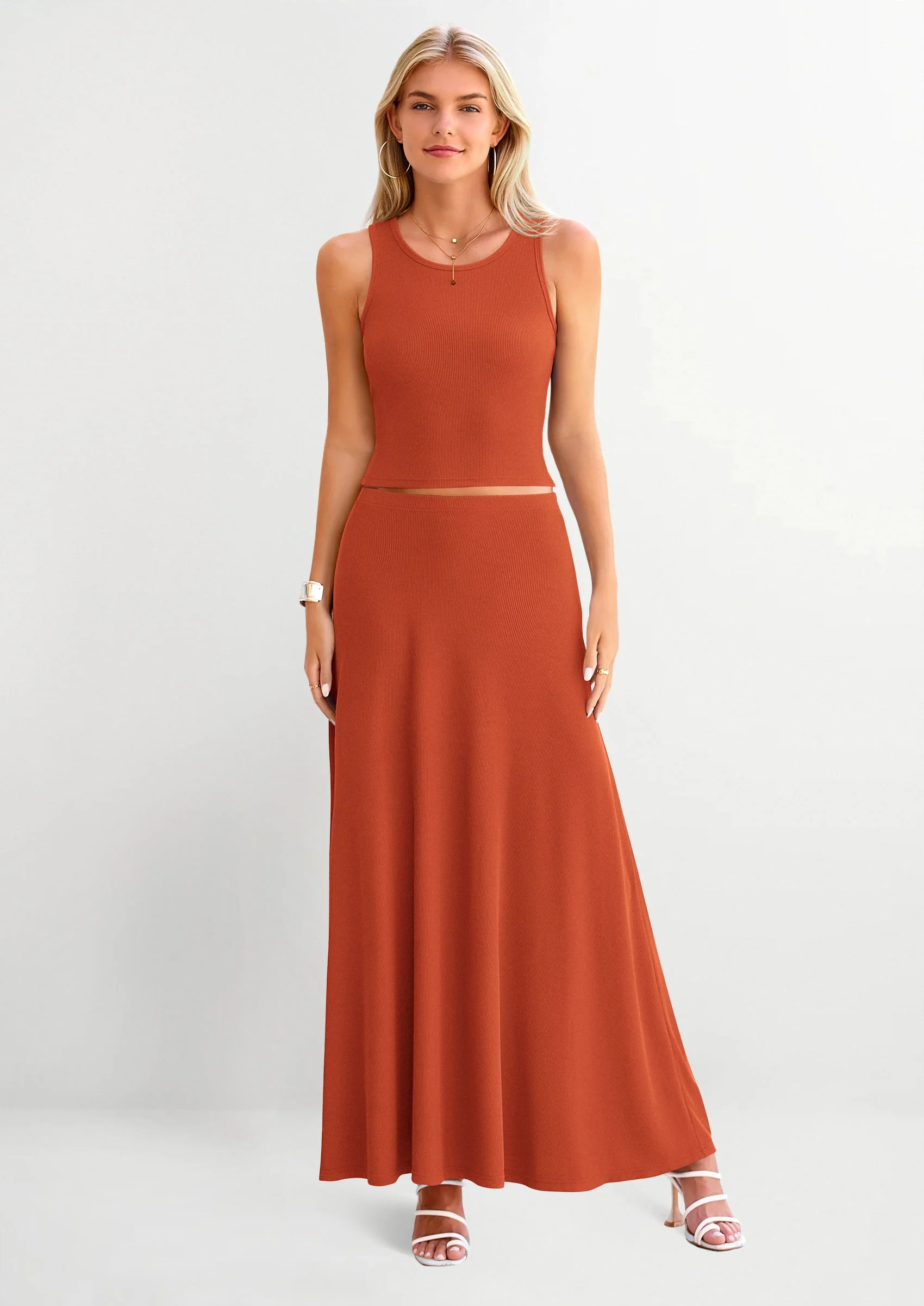 PRETTYGARDEN 2 Piece Maxi Skirt Sets Casual Knit Cropped Tank Top High Waisted Long Skirts Outfit - Image 16