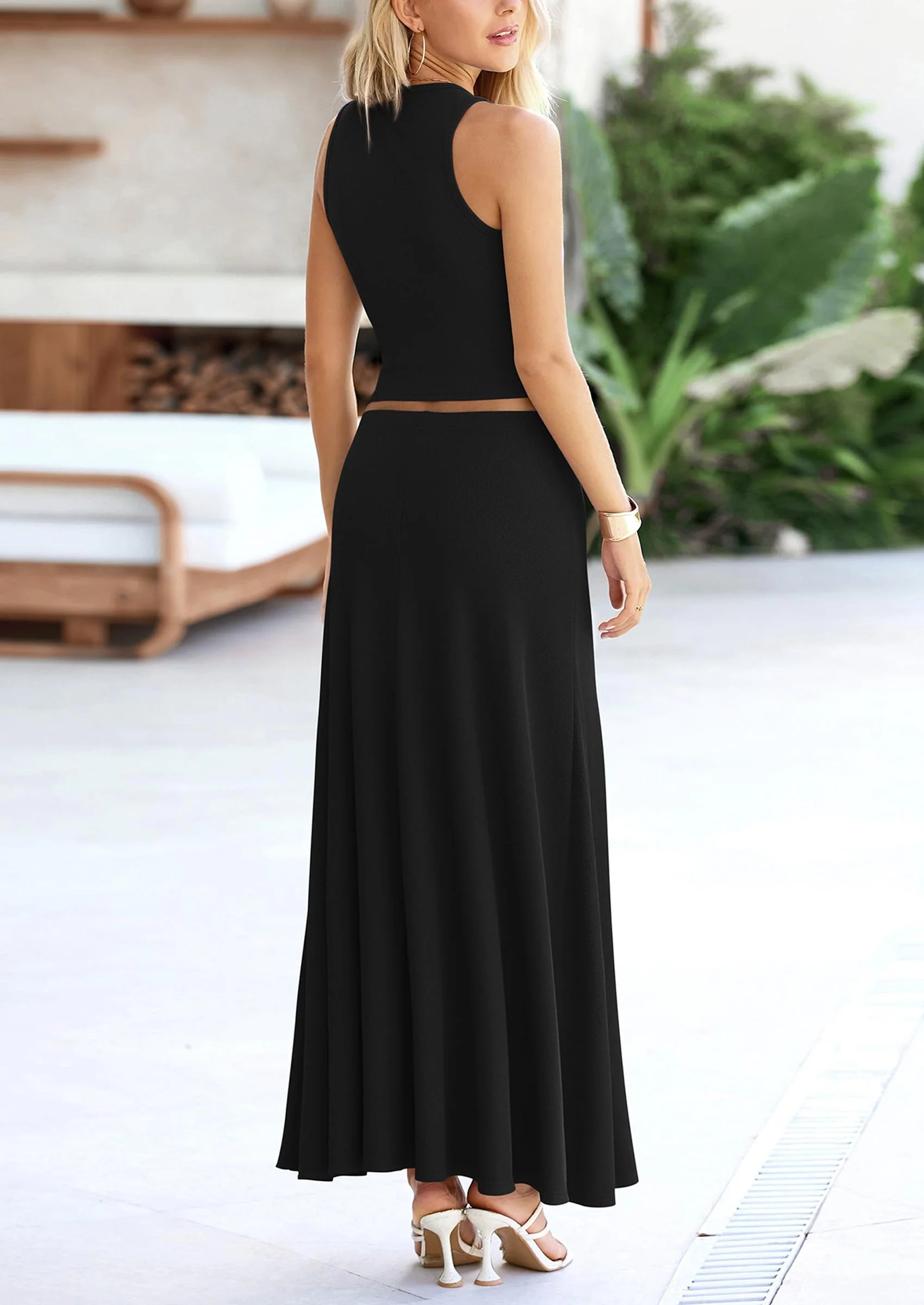 PRETTYGARDEN 2 Piece Maxi Skirt Sets Casual Knit Cropped Tank Top High Waisted Long Skirts Outfit - Image 24