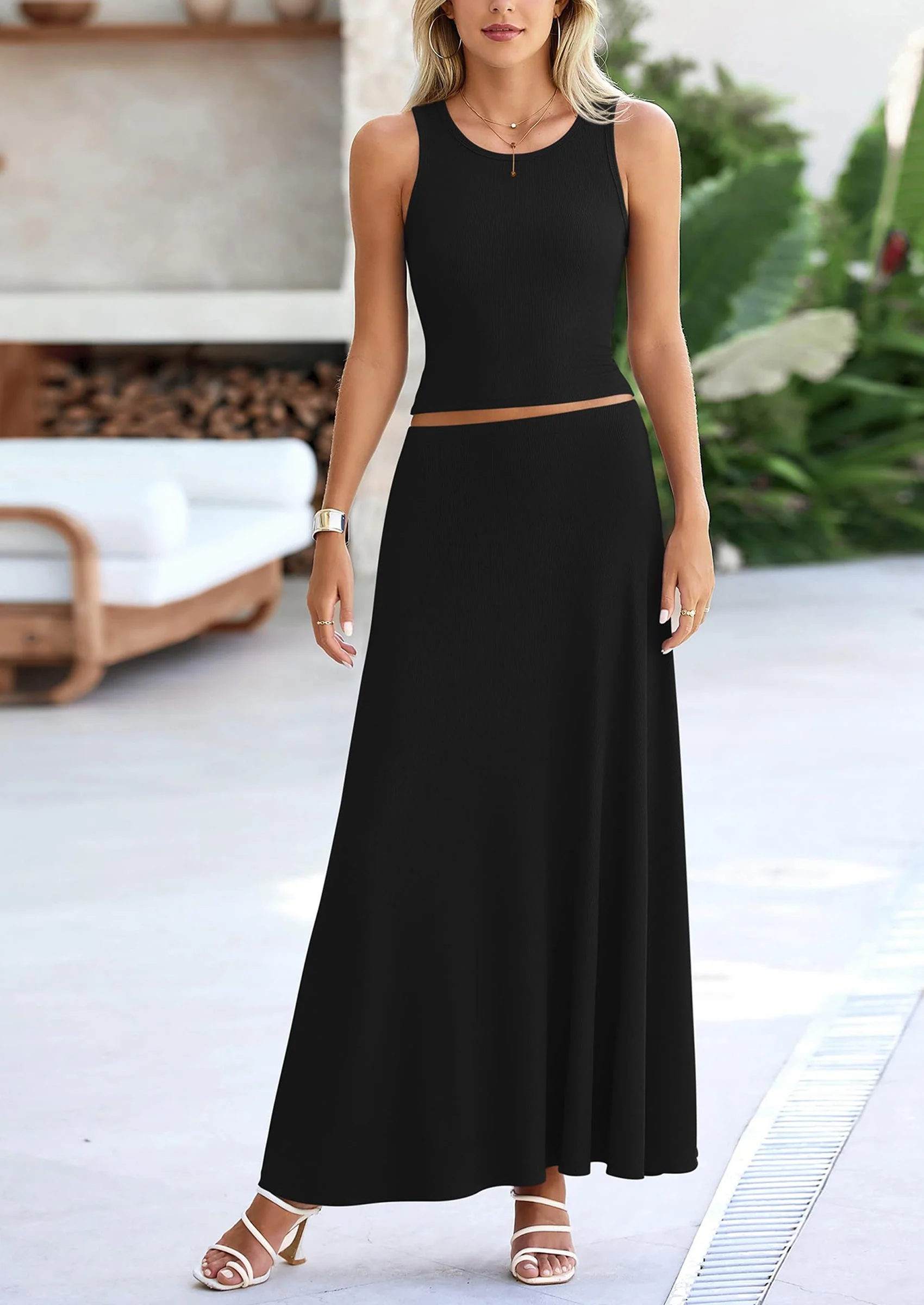 PRETTYGARDEN 2 Piece Maxi Skirt Sets Casual Knit Cropped Tank Top High Waisted Long Skirts Outfit - Image 26