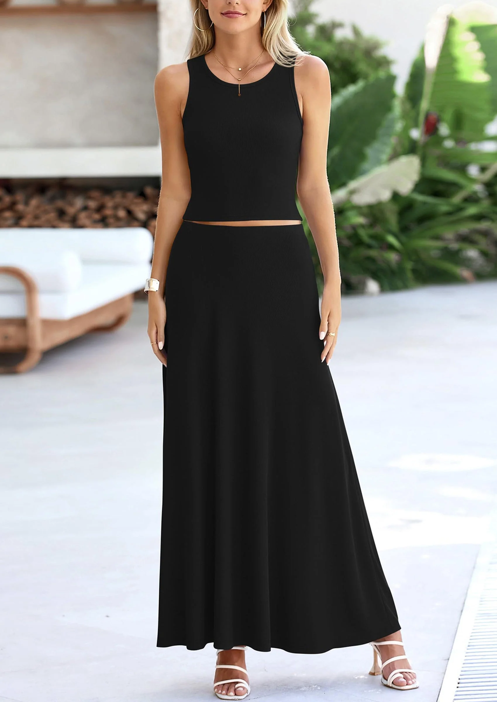 PRETTYGARDEN 2 Piece Maxi Skirt Sets Casual Knit Cropped Tank Top High Waisted Long Skirts Outfit - Image 27