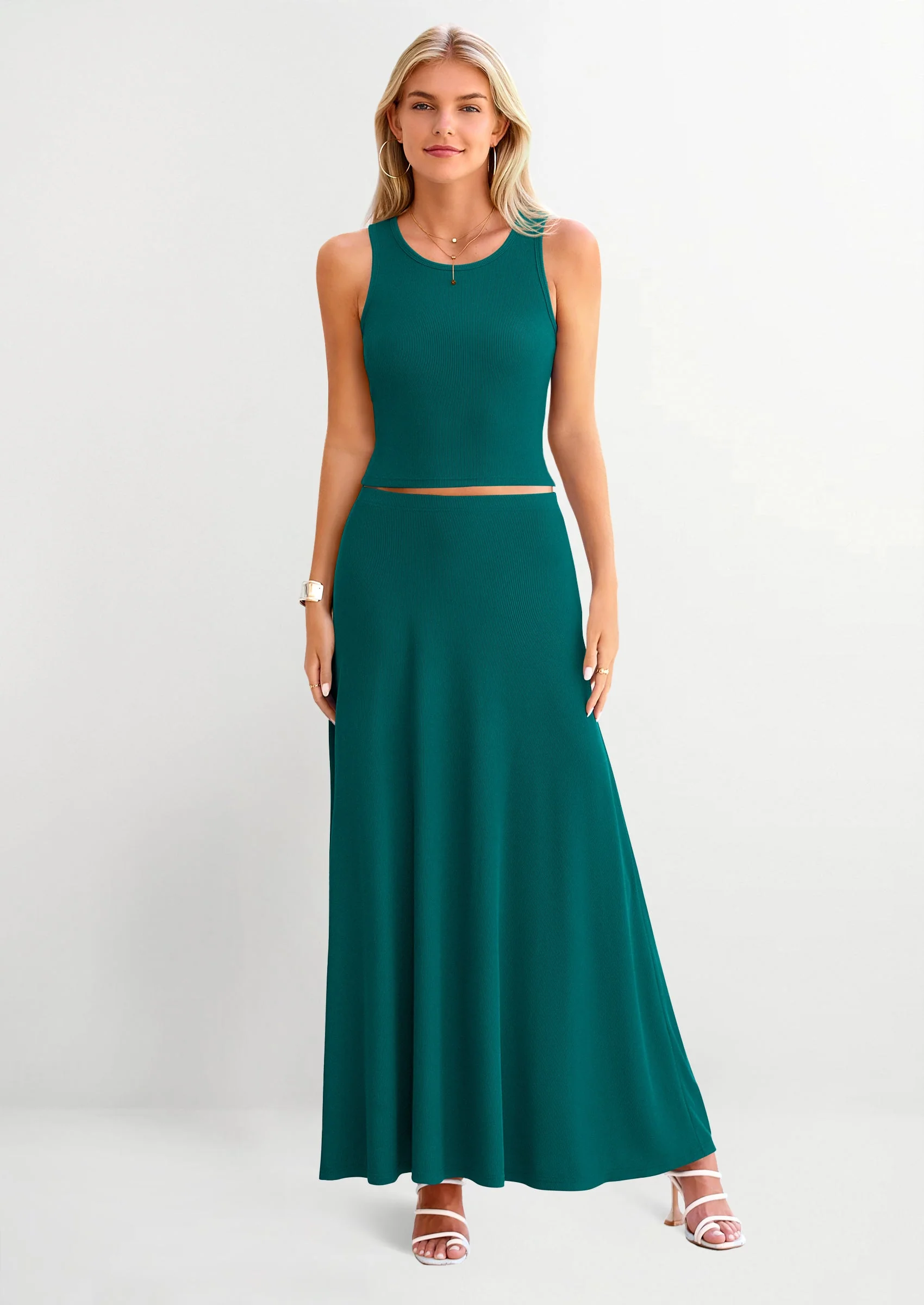 PRETTYGARDEN 2 Piece Maxi Skirt Sets Casual Knit Cropped Tank Top High Waisted Long Skirts Outfit - Image 30