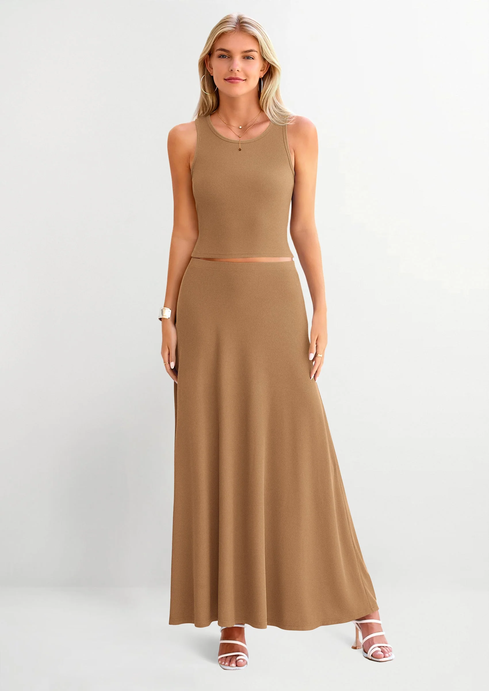 PRETTYGARDEN 2 Piece Maxi Skirt Sets Casual Knit Cropped Tank Top High Waisted Long Skirts Outfit - Image 37