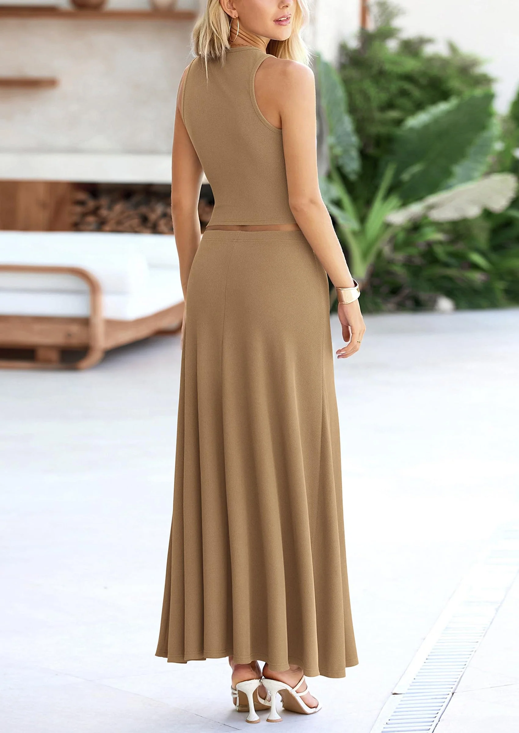 PRETTYGARDEN 2 Piece Maxi Skirt Sets Casual Knit Cropped Tank Top High Waisted Long Skirts Outfit - Image 38