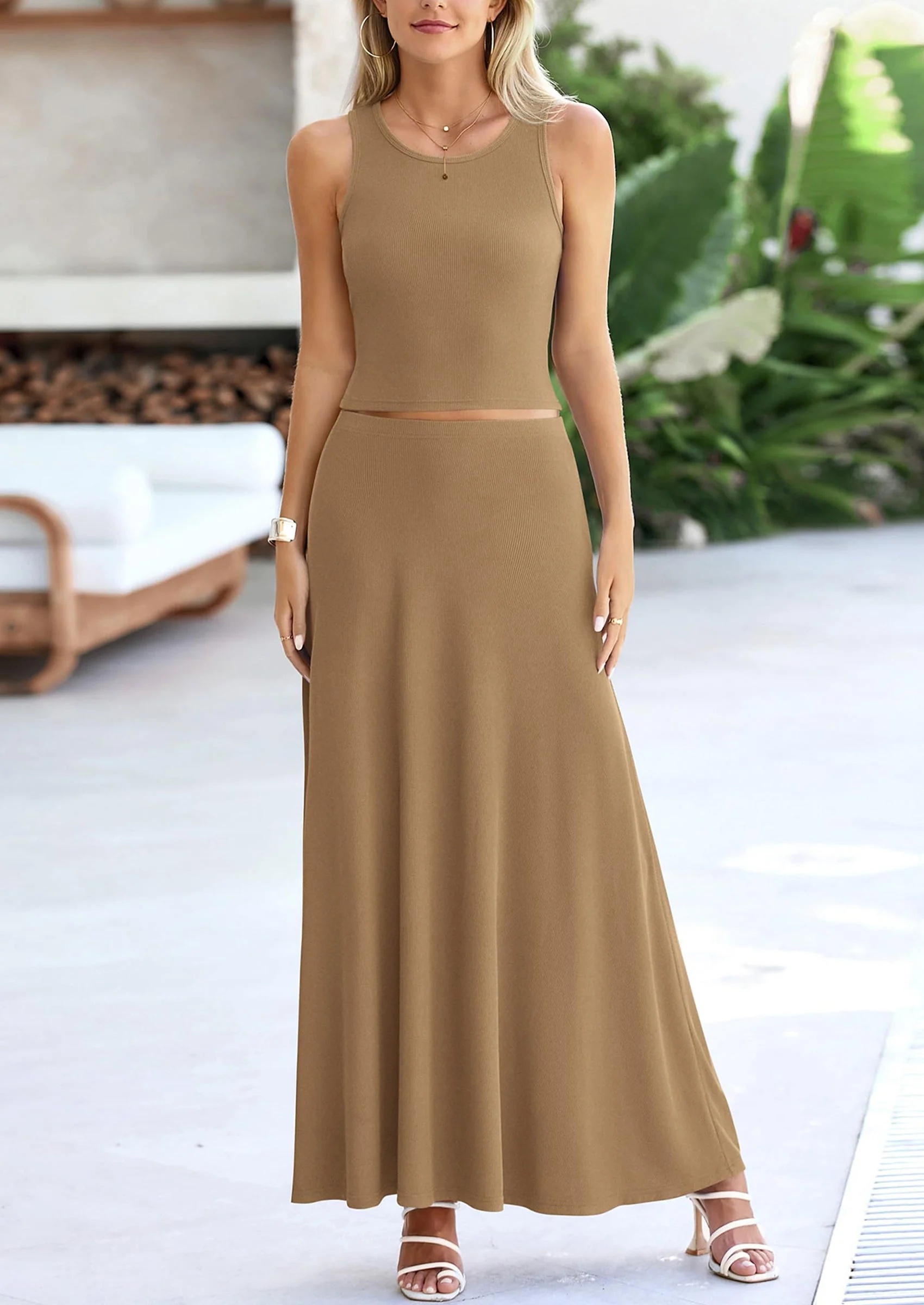 PRETTYGARDEN 2 Piece Maxi Skirt Sets Casual Knit Cropped Tank Top High Waisted Long Skirts Outfit - Image 41