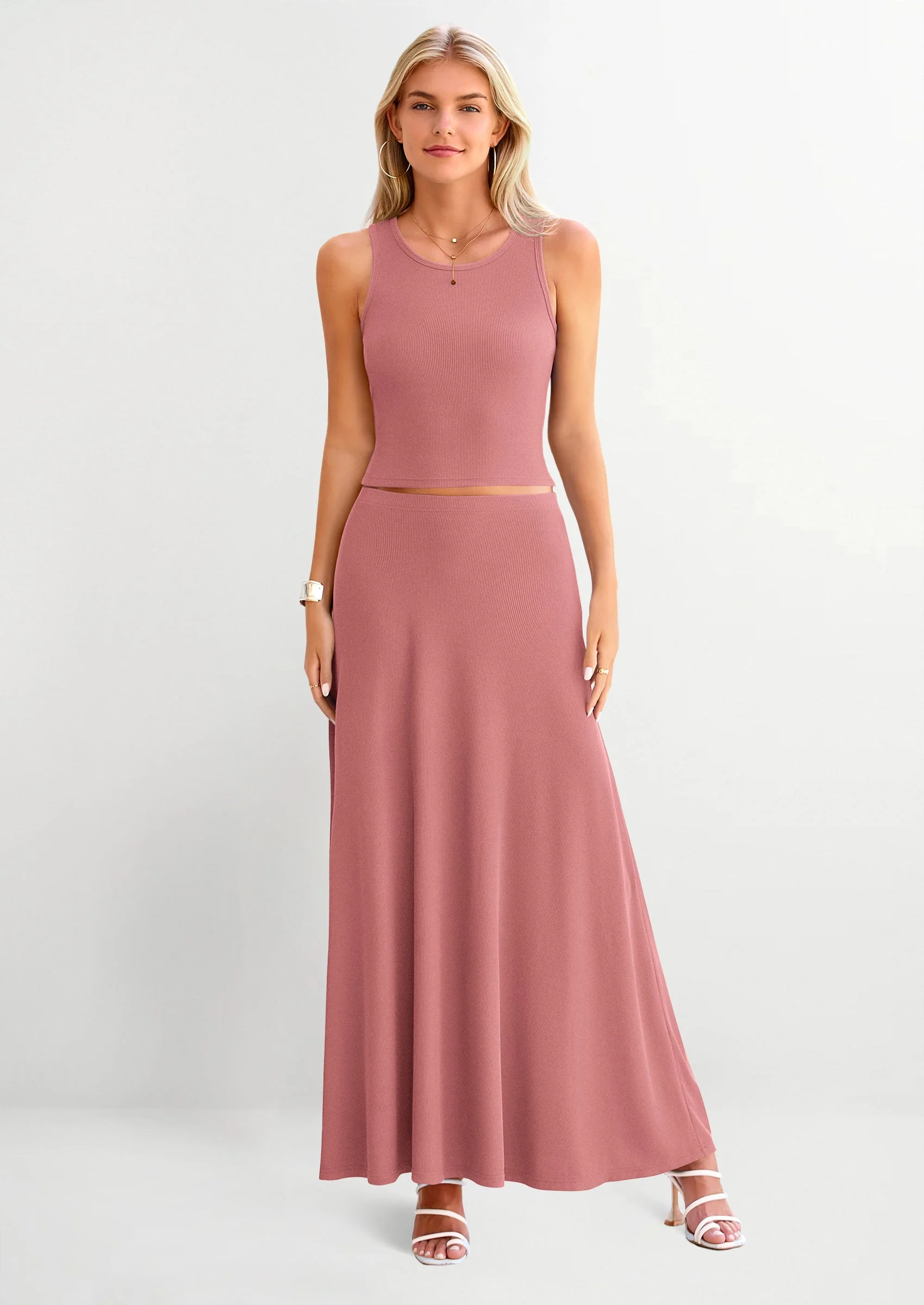 PRETTYGARDEN 2 Piece Maxi Skirt Sets Casual Knit Cropped Tank Top High Waisted Long Skirts Outfit - Image 44