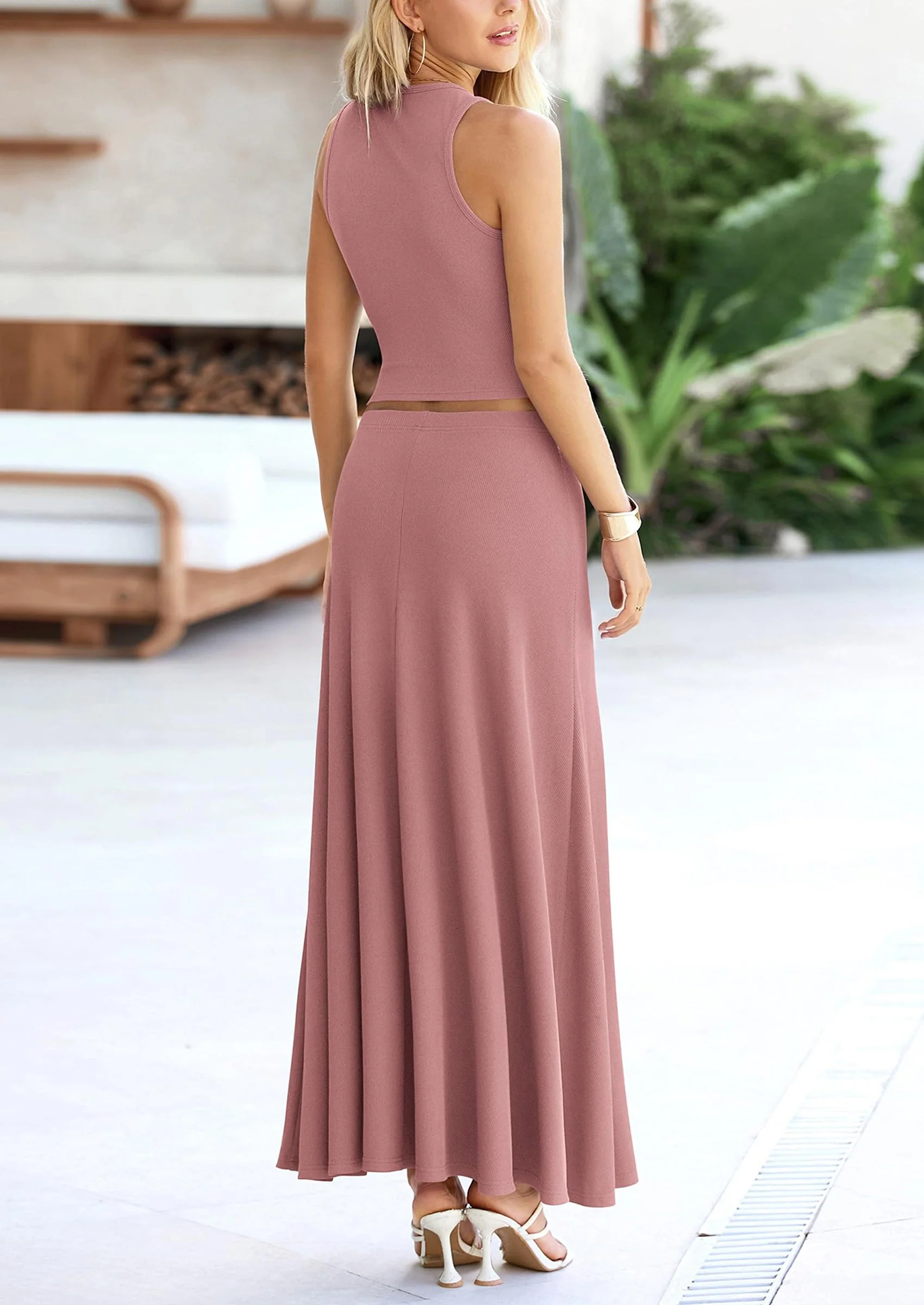 PRETTYGARDEN 2 Piece Maxi Skirt Sets Casual Knit Cropped Tank Top High Waisted Long Skirts Outfit - Image 45