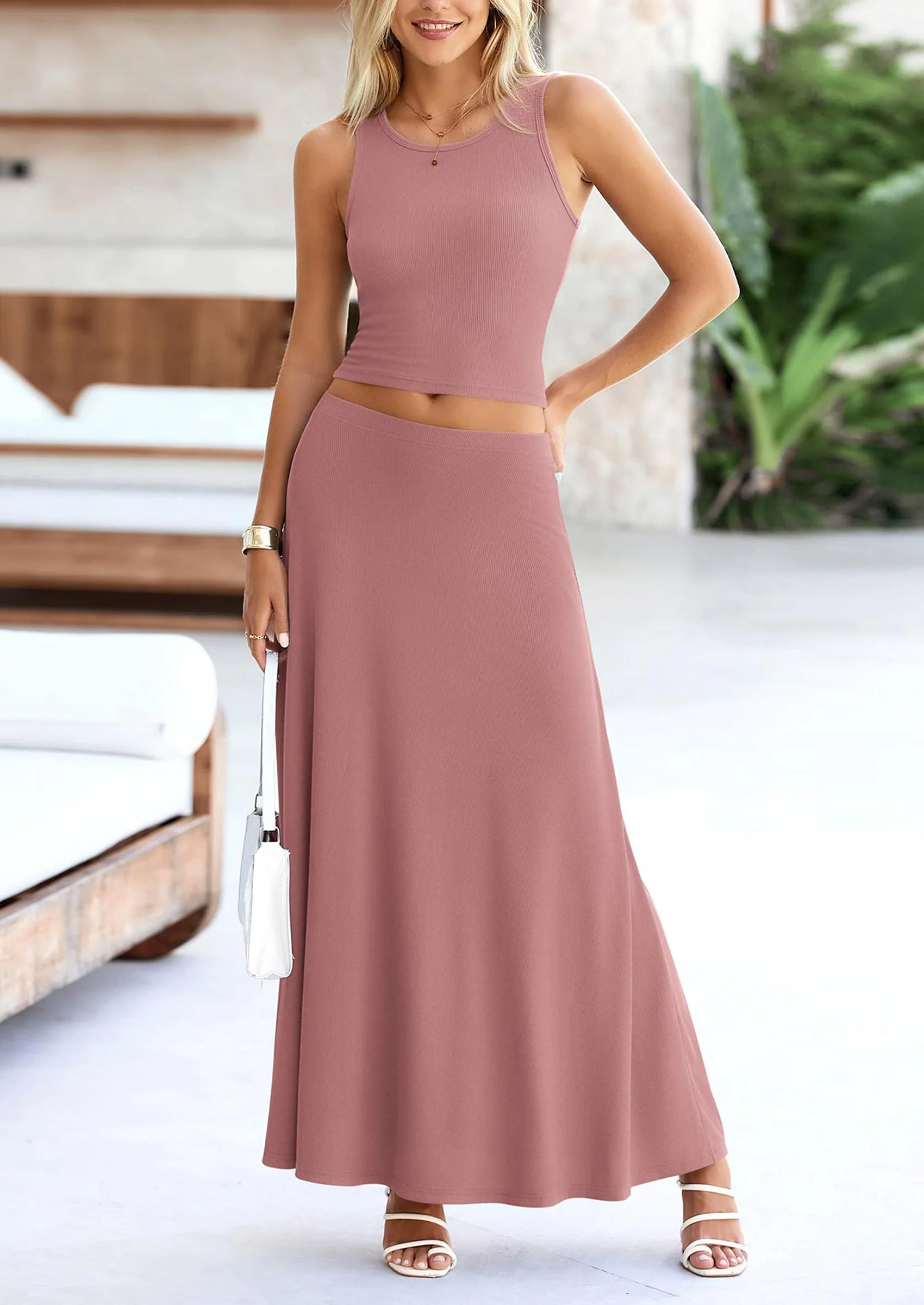 PRETTYGARDEN 2 Piece Maxi Skirt Sets Casual Knit Cropped Tank Top High Waisted Long Skirts Outfit - Image 46