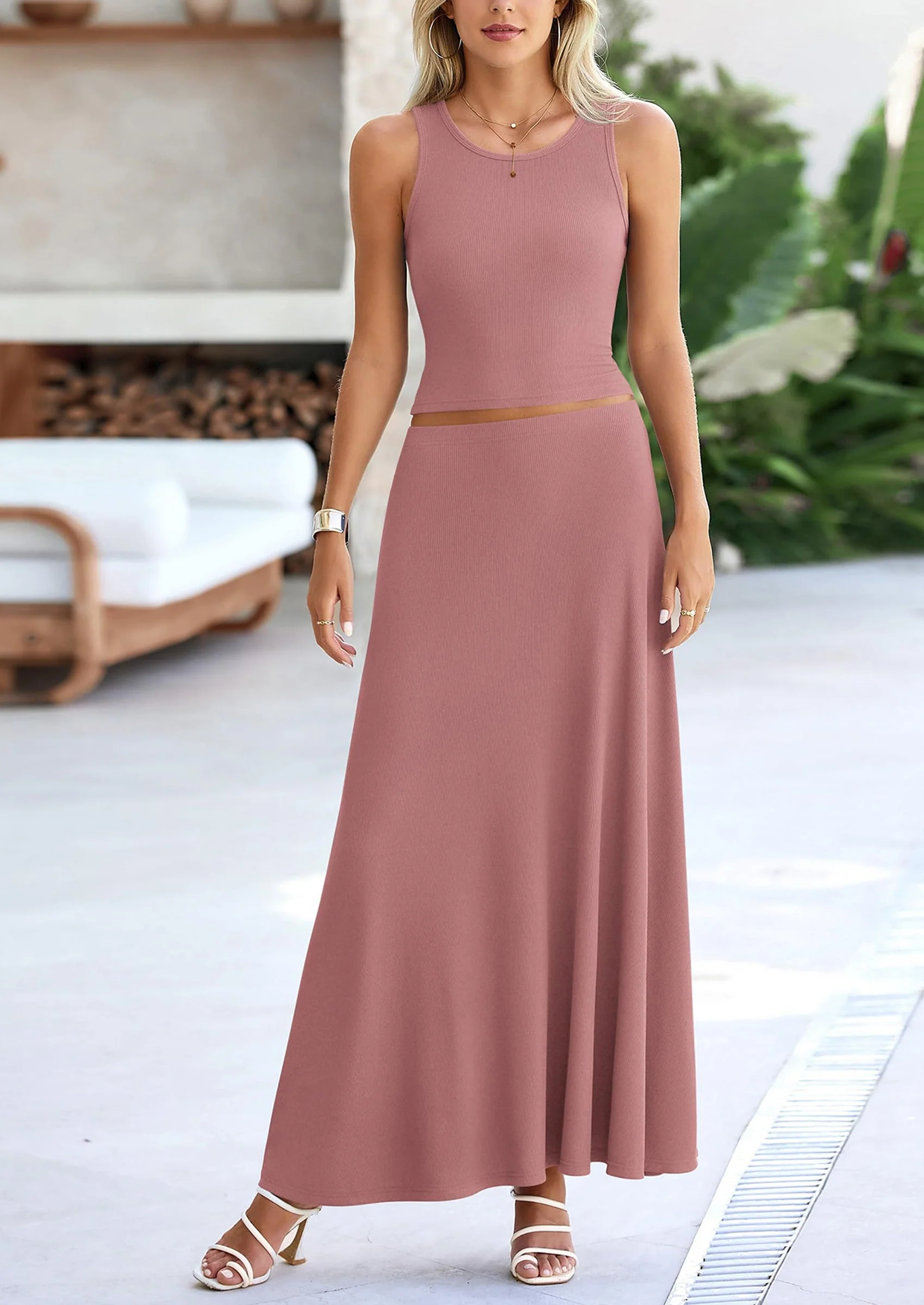 PRETTYGARDEN 2 Piece Maxi Skirt Sets Casual Knit Cropped Tank Top High Waisted Long Skirts Outfit - Image 47