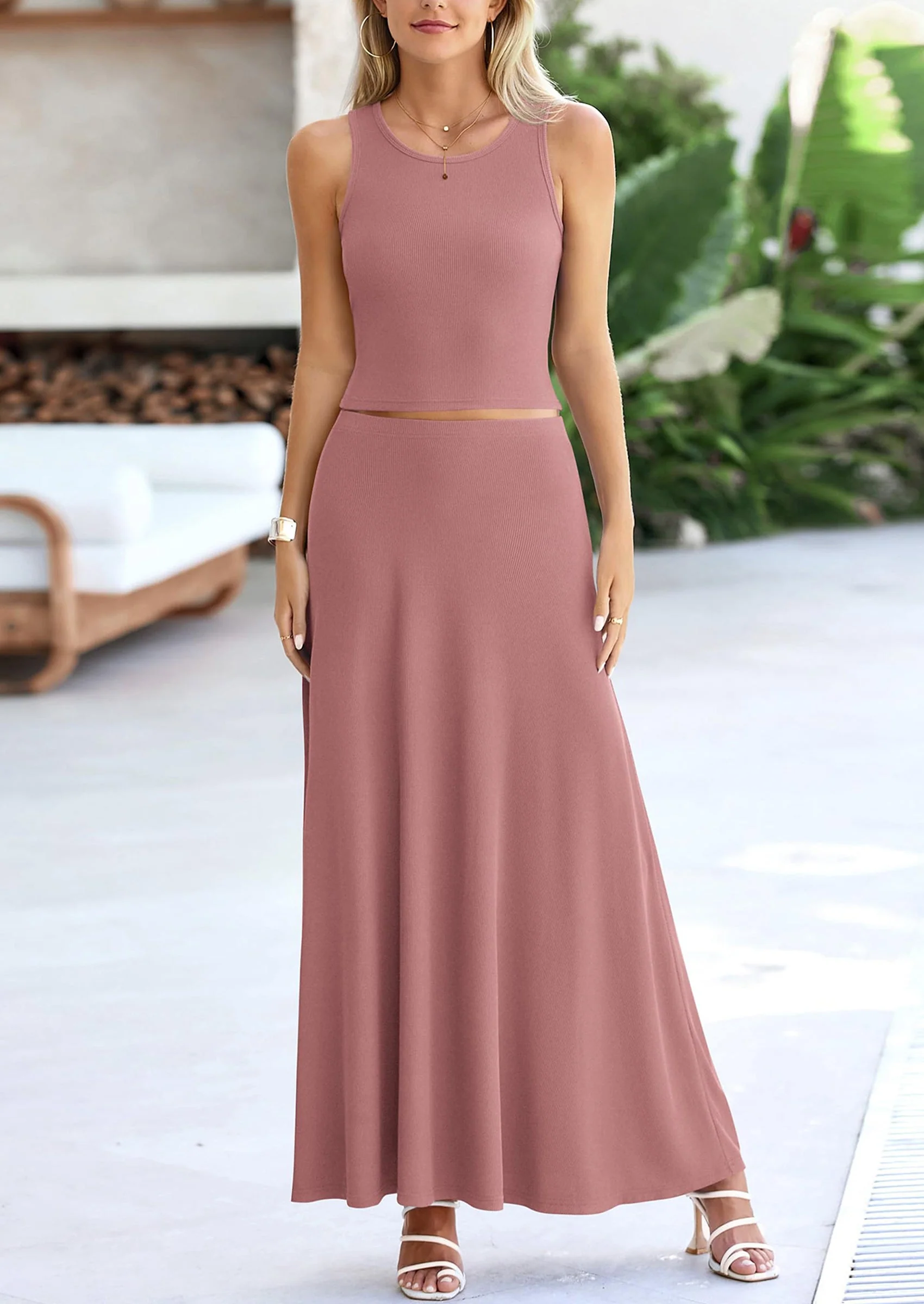 PRETTYGARDEN 2 Piece Maxi Skirt Sets Casual Knit Cropped Tank Top High Waisted Long Skirts Outfit - Image 49