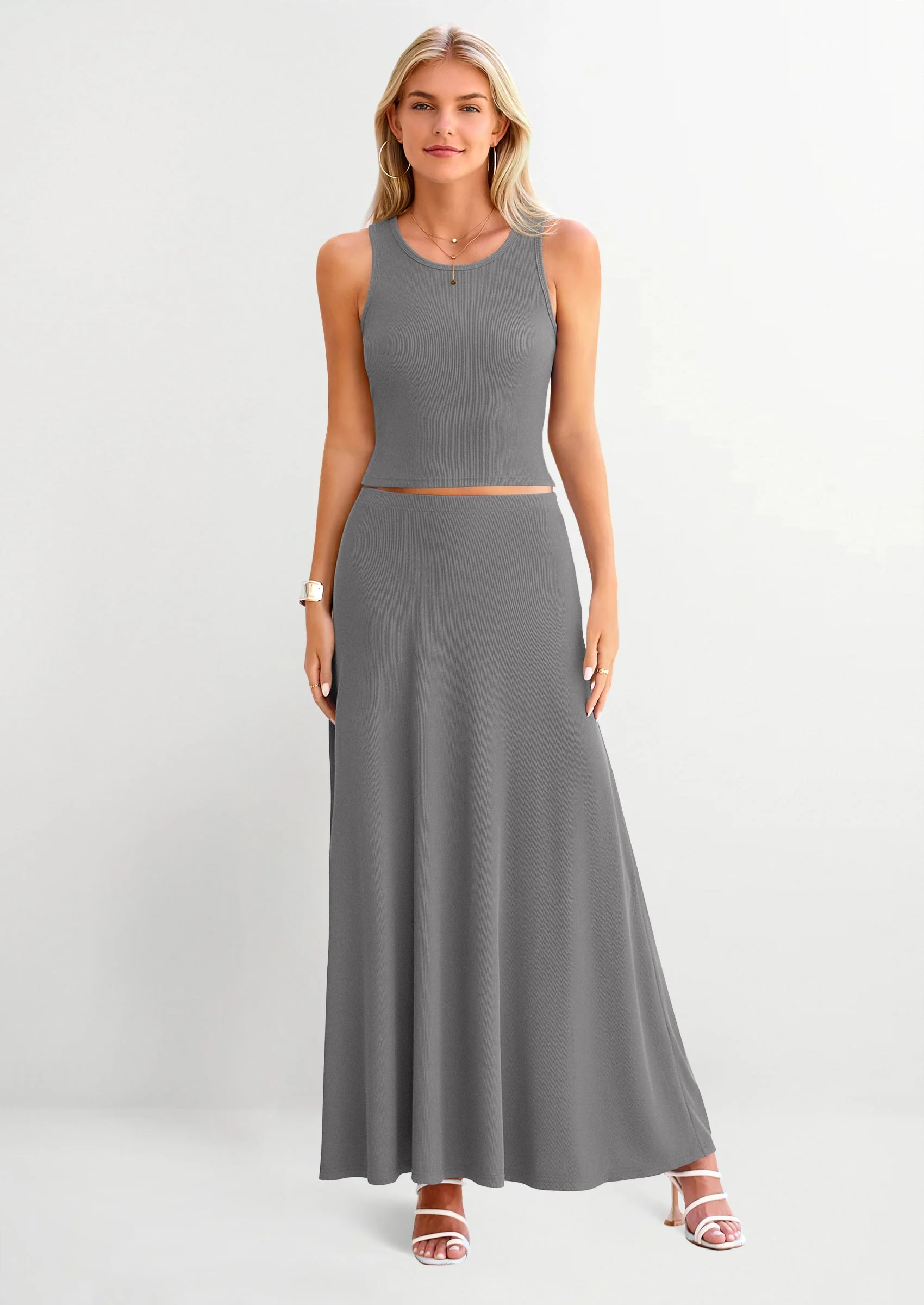 PRETTYGARDEN 2 Piece Maxi Skirt Sets Casual Knit Cropped Tank Top High Waisted Long Skirts Outfit - Image 51