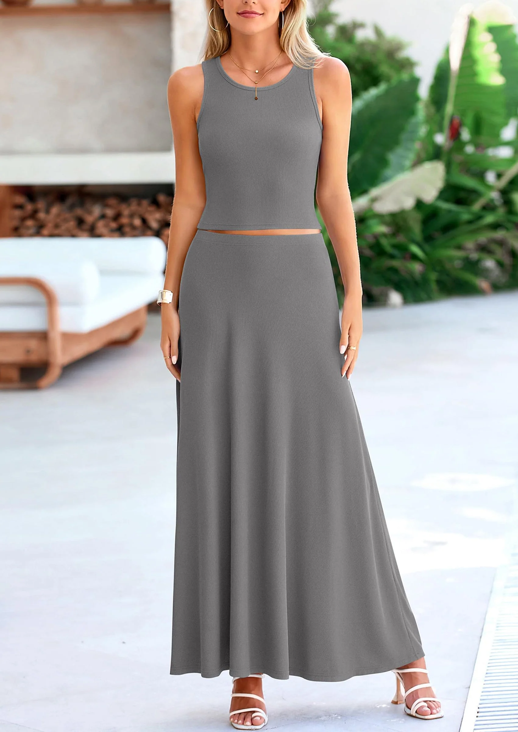 PRETTYGARDEN 2 Piece Maxi Skirt Sets Casual Knit Cropped Tank Top High Waisted Long Skirts Outfit - Image 56