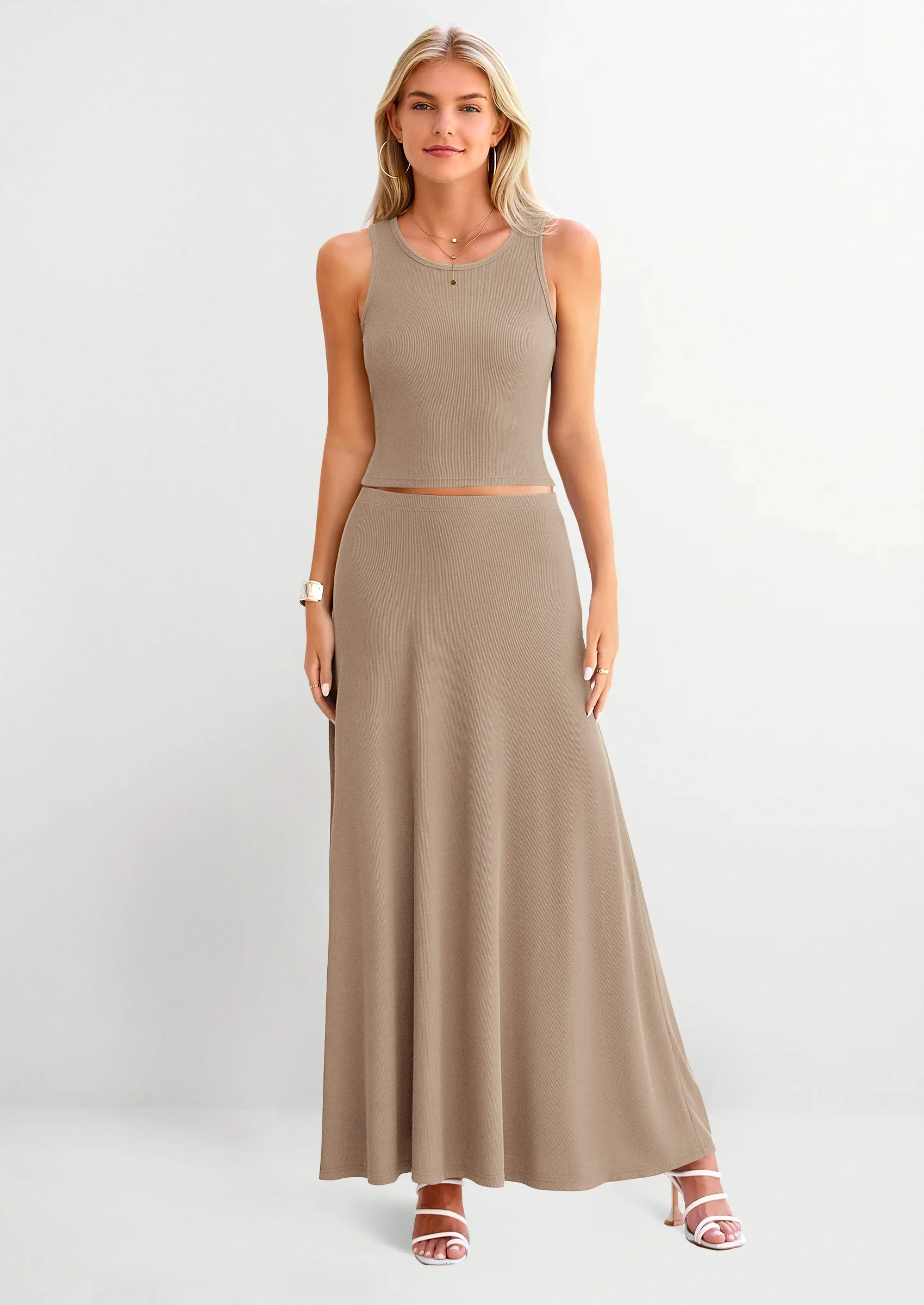 PRETTYGARDEN 2 Piece Maxi Skirt Sets Casual Knit Cropped Tank Top High Waisted Long Skirts Outfit - Image 58