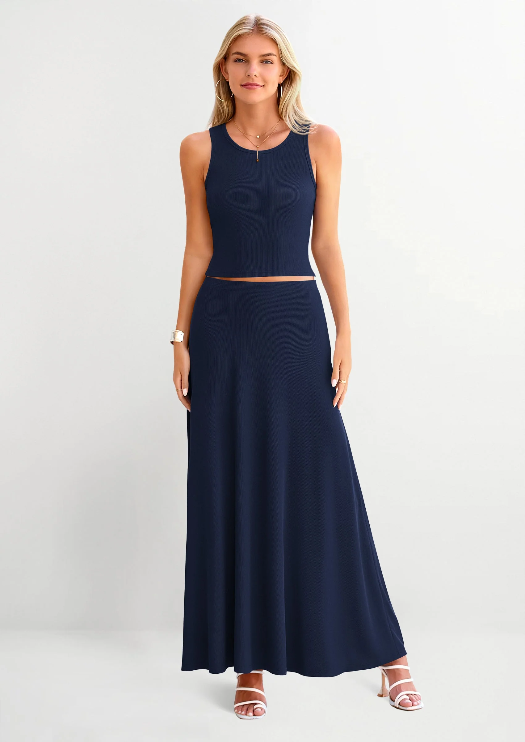 PRETTYGARDEN 2 Piece Maxi Skirt Sets Casual Knit Cropped Tank Top High Waisted Long Skirts Outfit - Image 65