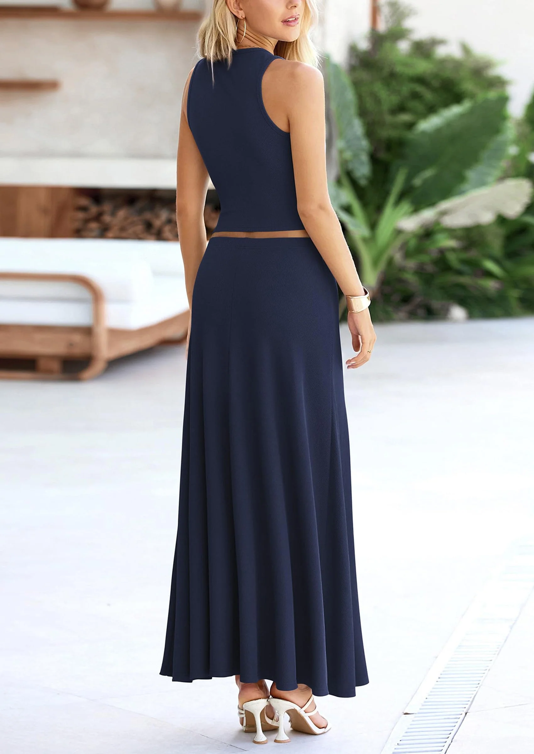 PRETTYGARDEN 2 Piece Maxi Skirt Sets Casual Knit Cropped Tank Top High Waisted Long Skirts Outfit - Image 66
