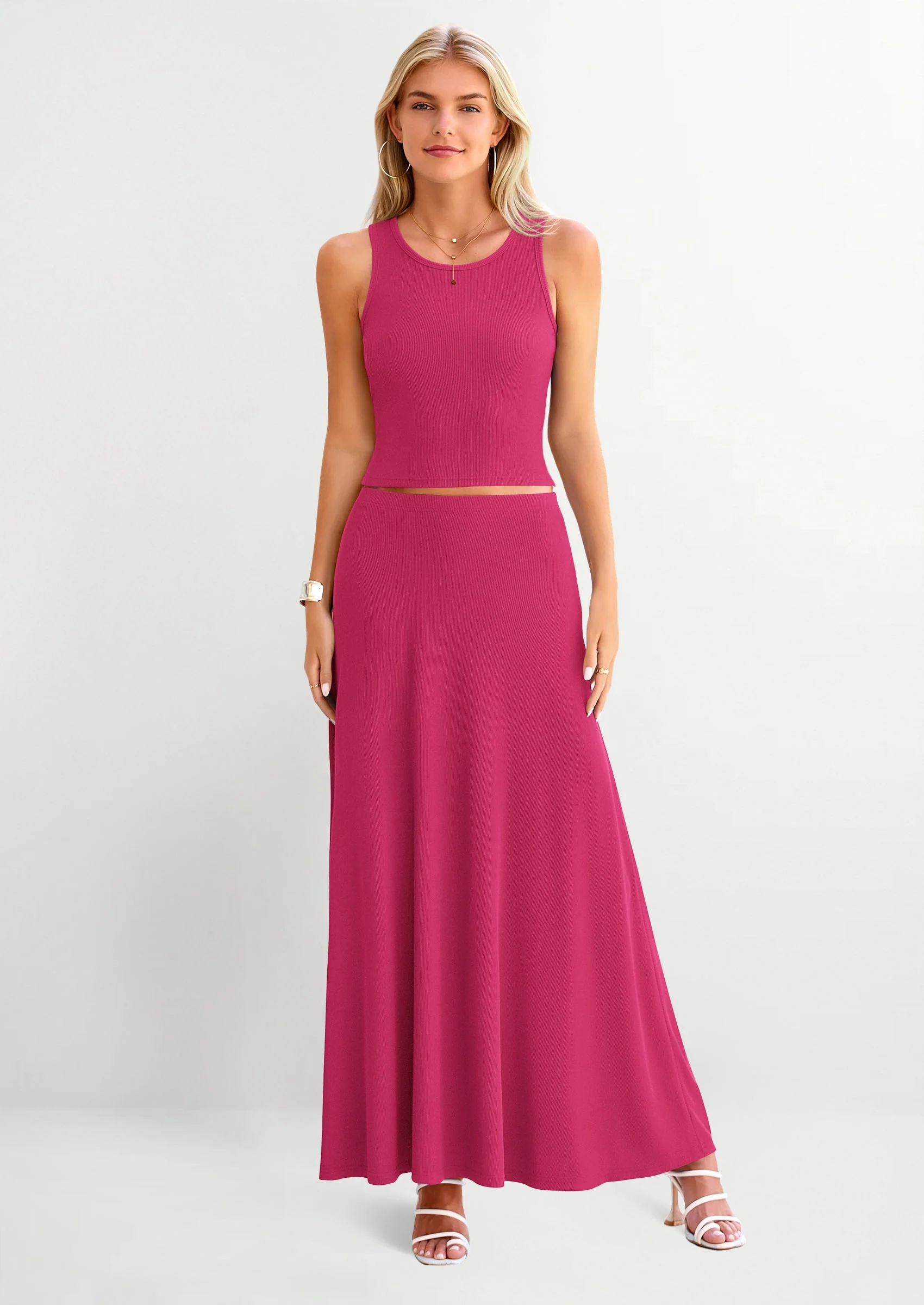 PRETTYGARDEN 2 Piece Maxi Skirt Sets Casual Knit Cropped Tank Top High Waisted Long Skirts Outfit - Image 72