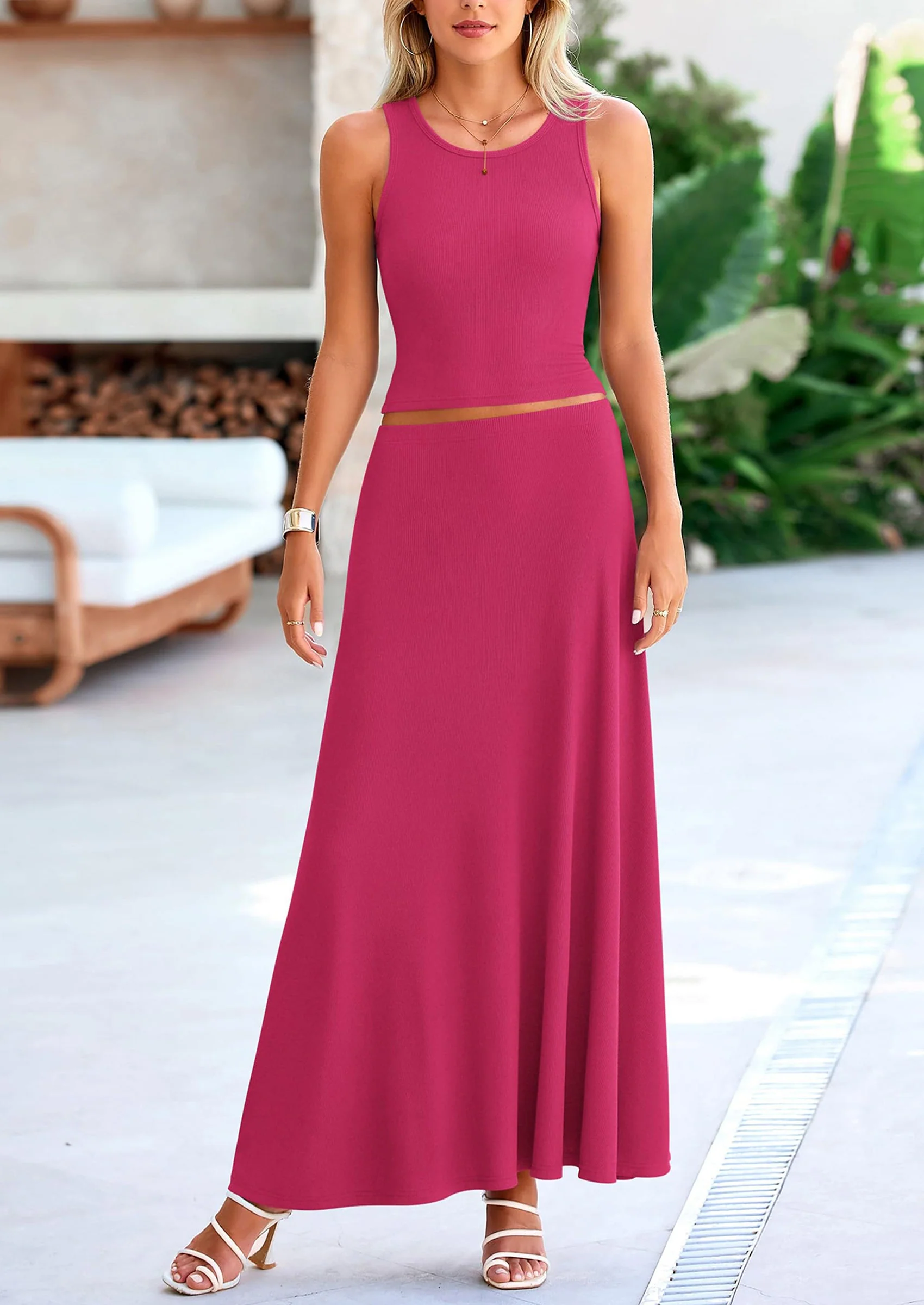 PRETTYGARDEN 2 Piece Maxi Skirt Sets Casual Knit Cropped Tank Top High Waisted Long Skirts Outfit - Image 75