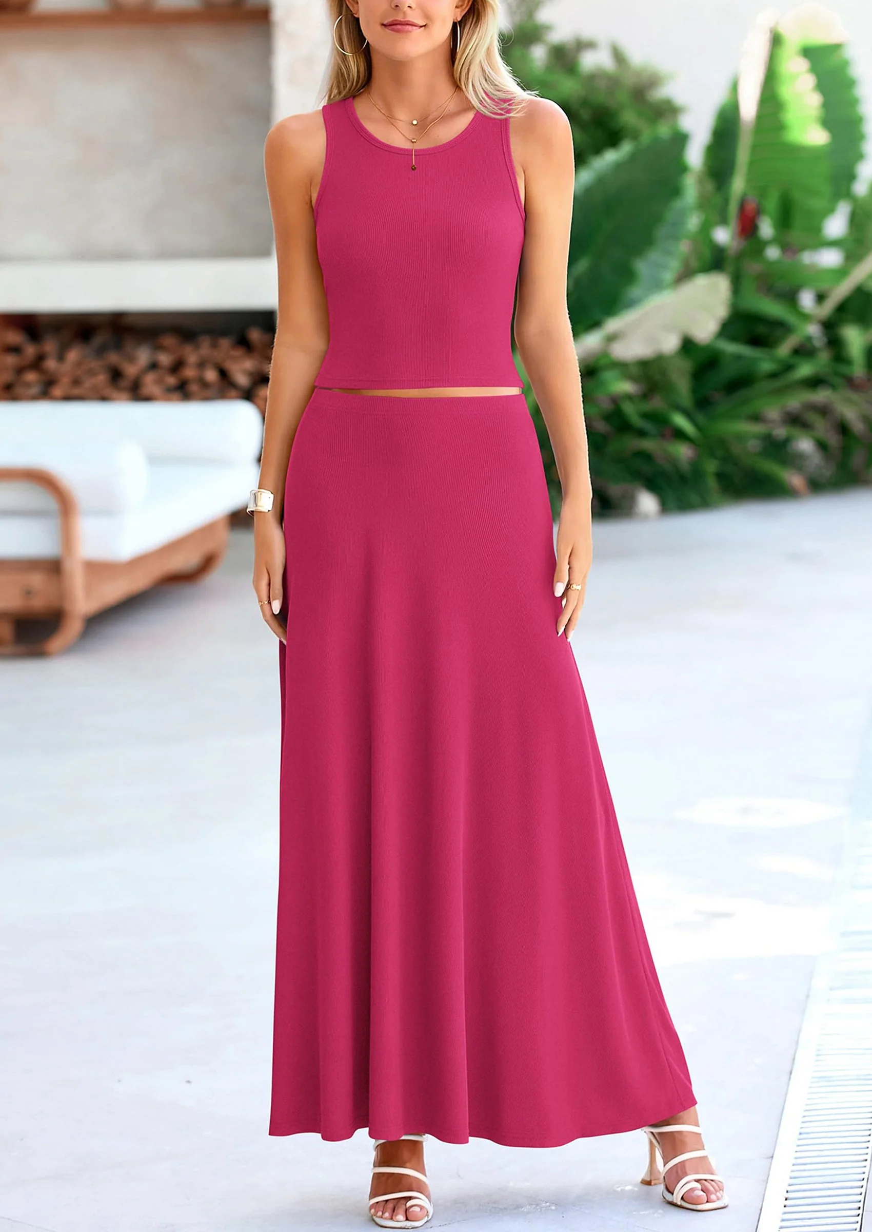 PRETTYGARDEN 2 Piece Maxi Skirt Sets Casual Knit Cropped Tank Top High Waisted Long Skirts Outfit - Image 77