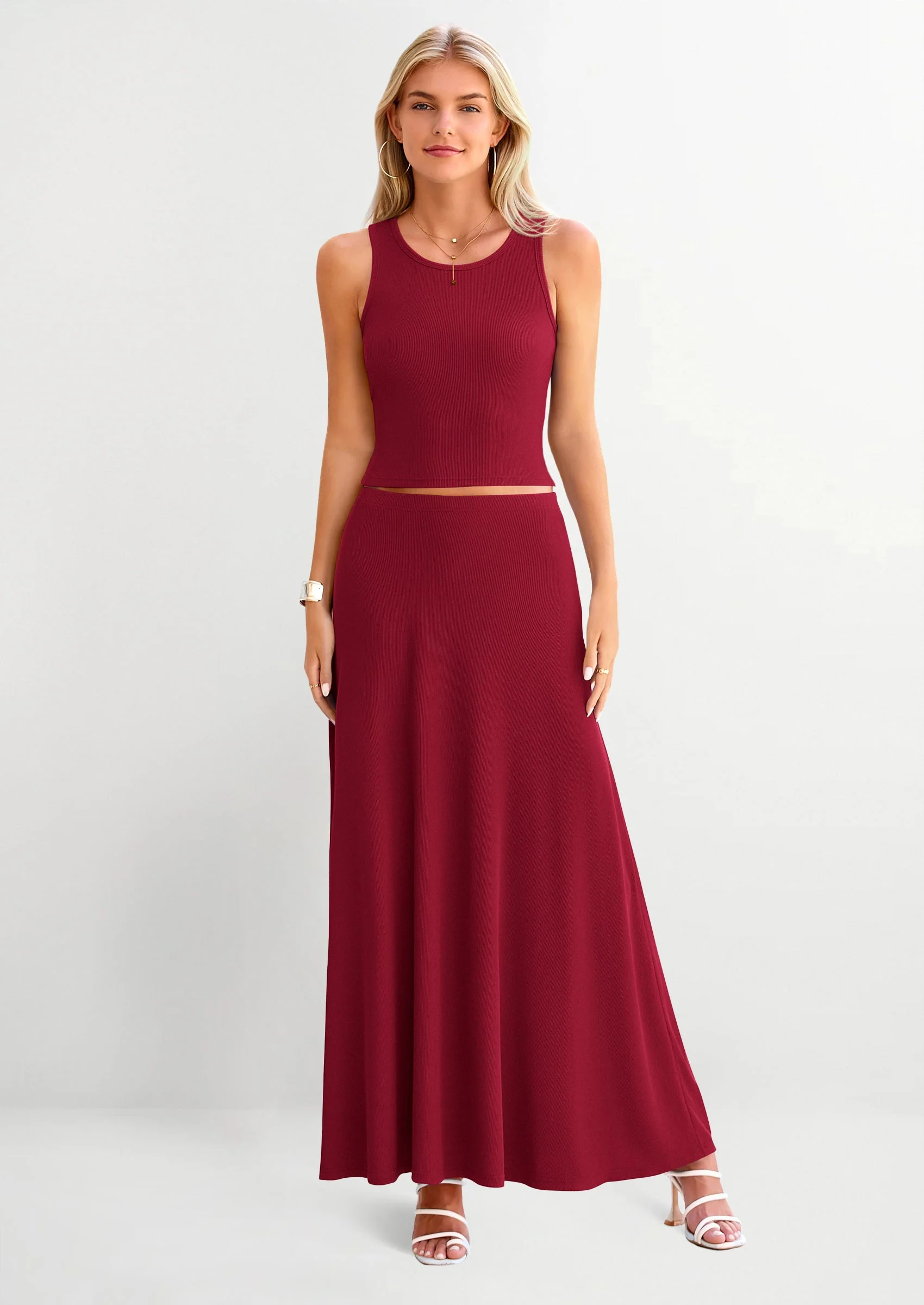 PRETTYGARDEN 2 Piece Maxi Skirt Sets Casual Knit Cropped Tank Top High Waisted Long Skirts Outfit - Image 79