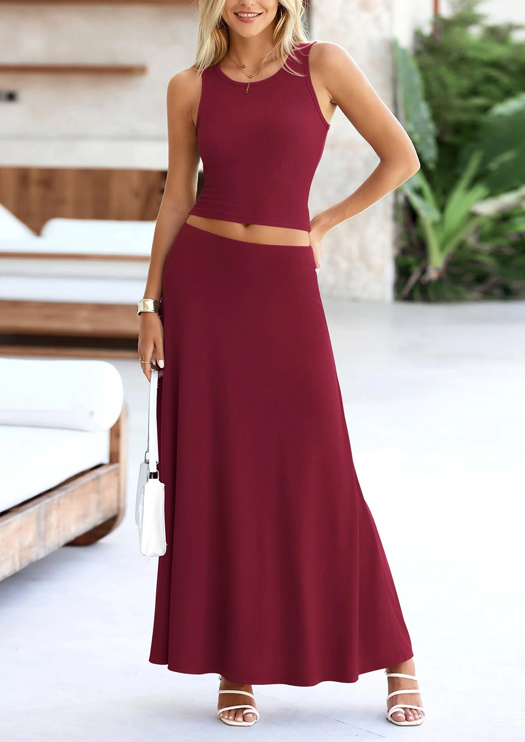 PRETTYGARDEN 2 Piece Maxi Skirt Sets Casual Knit Cropped Tank Top High Waisted Long Skirts Outfit - Image 81