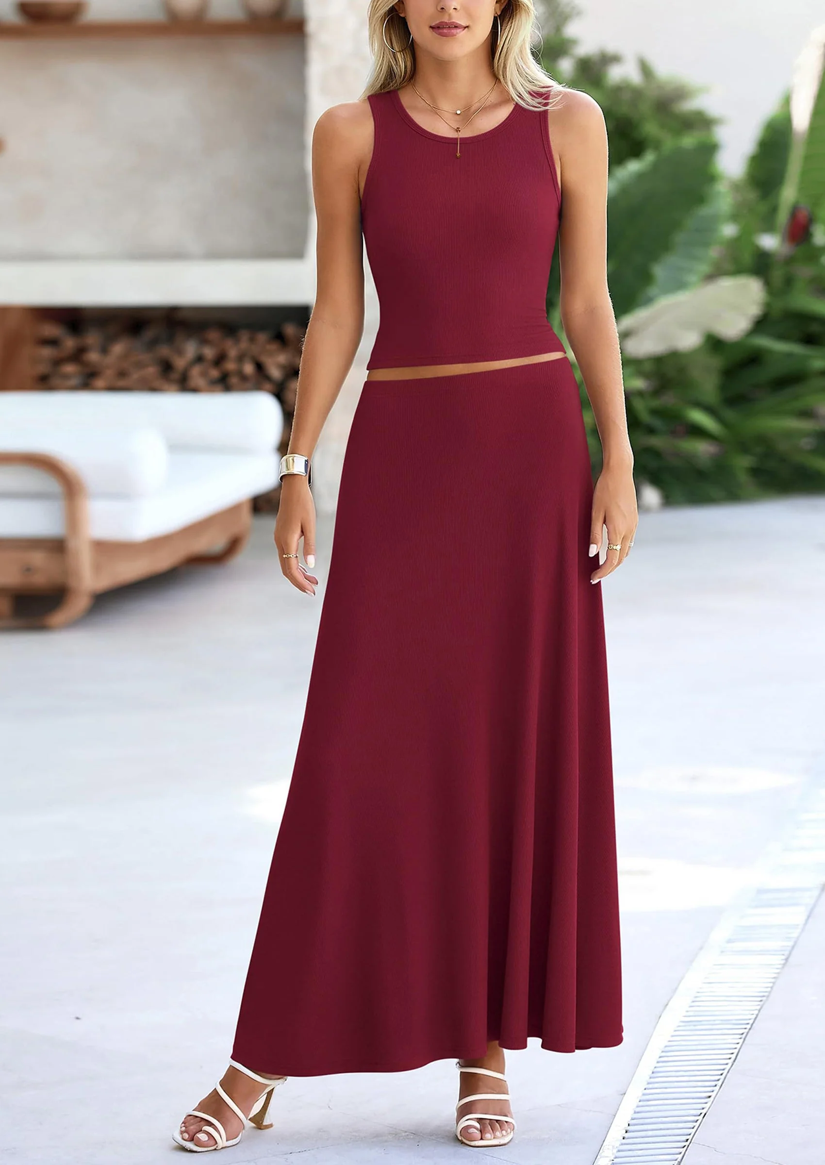 PRETTYGARDEN 2 Piece Maxi Skirt Sets Casual Knit Cropped Tank Top High Waisted Long Skirts Outfit - Image 82