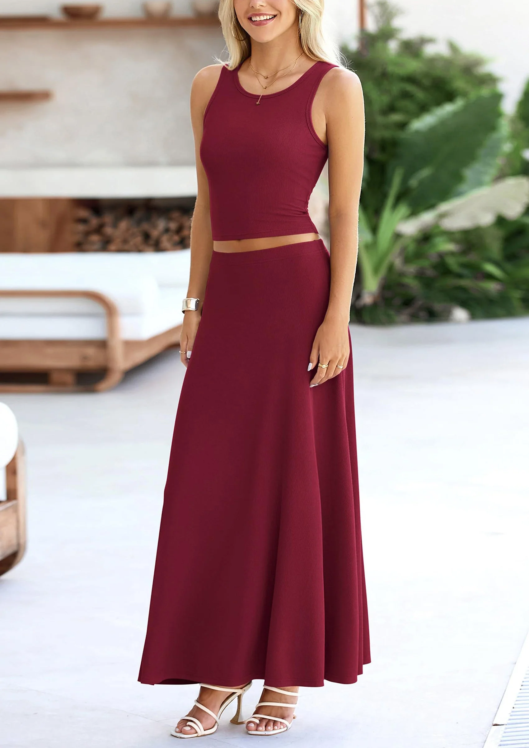 PRETTYGARDEN 2 Piece Maxi Skirt Sets Casual Knit Cropped Tank Top High Waisted Long Skirts Outfit - Image 83