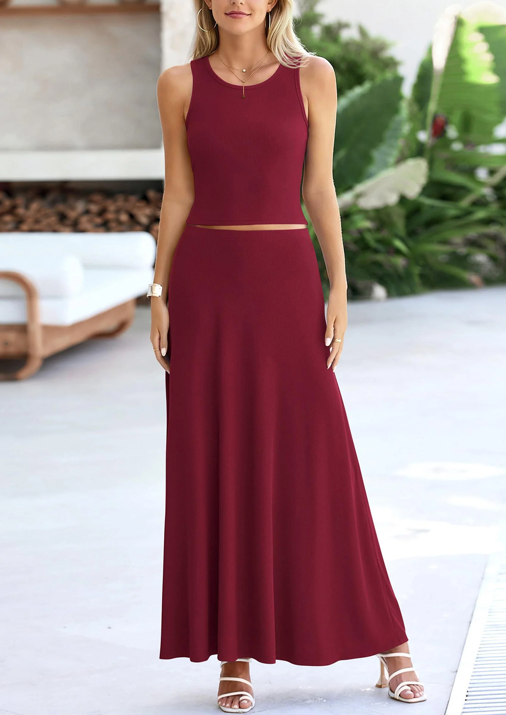 PRETTYGARDEN 2 Piece Maxi Skirt Sets Casual Knit Cropped Tank Top High Waisted Long Skirts Outfit - Image 84