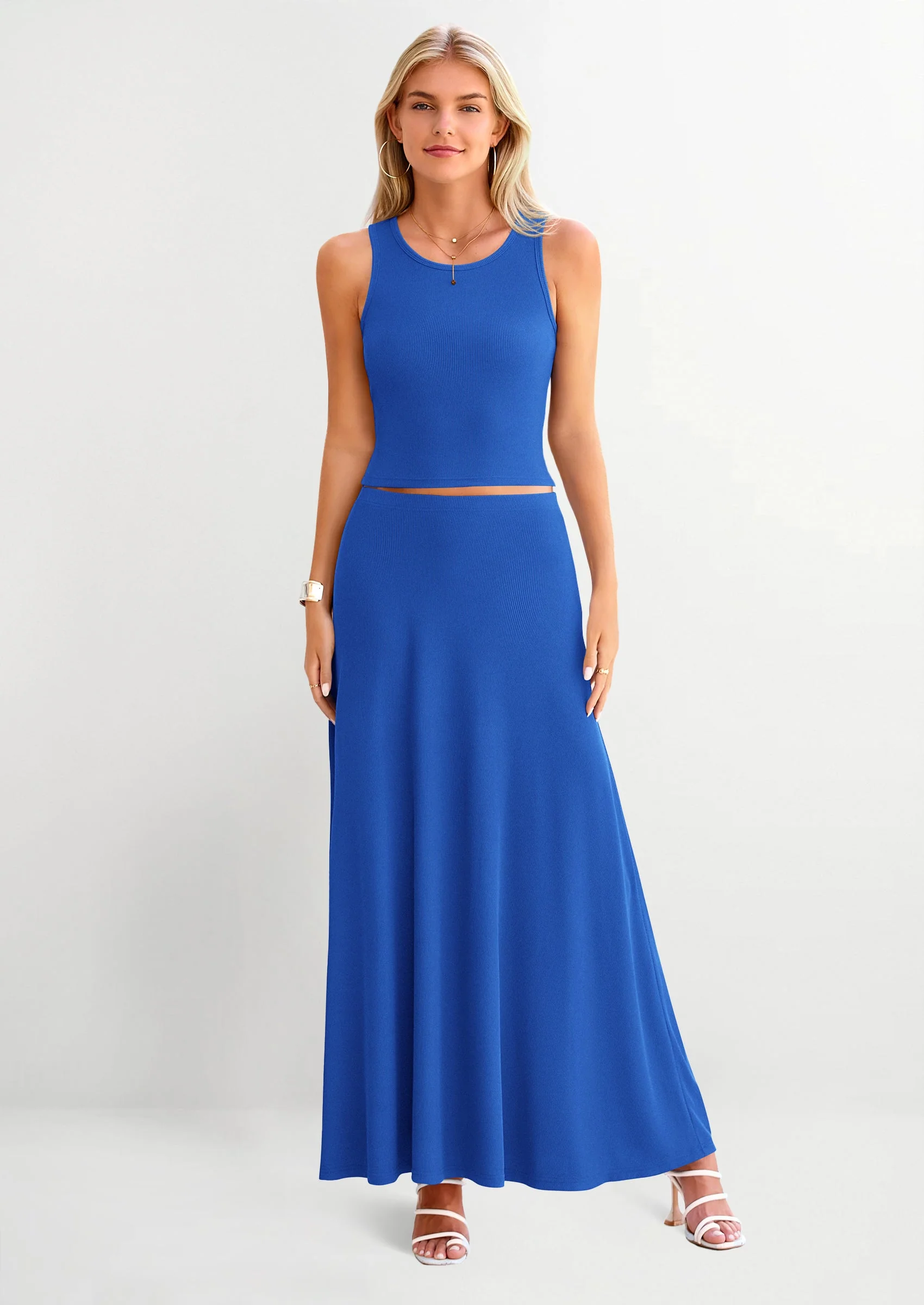 PRETTYGARDEN 2 Piece Maxi Skirt Sets Casual Knit Cropped Tank Top High Waisted Long Skirts Outfit - Image 86