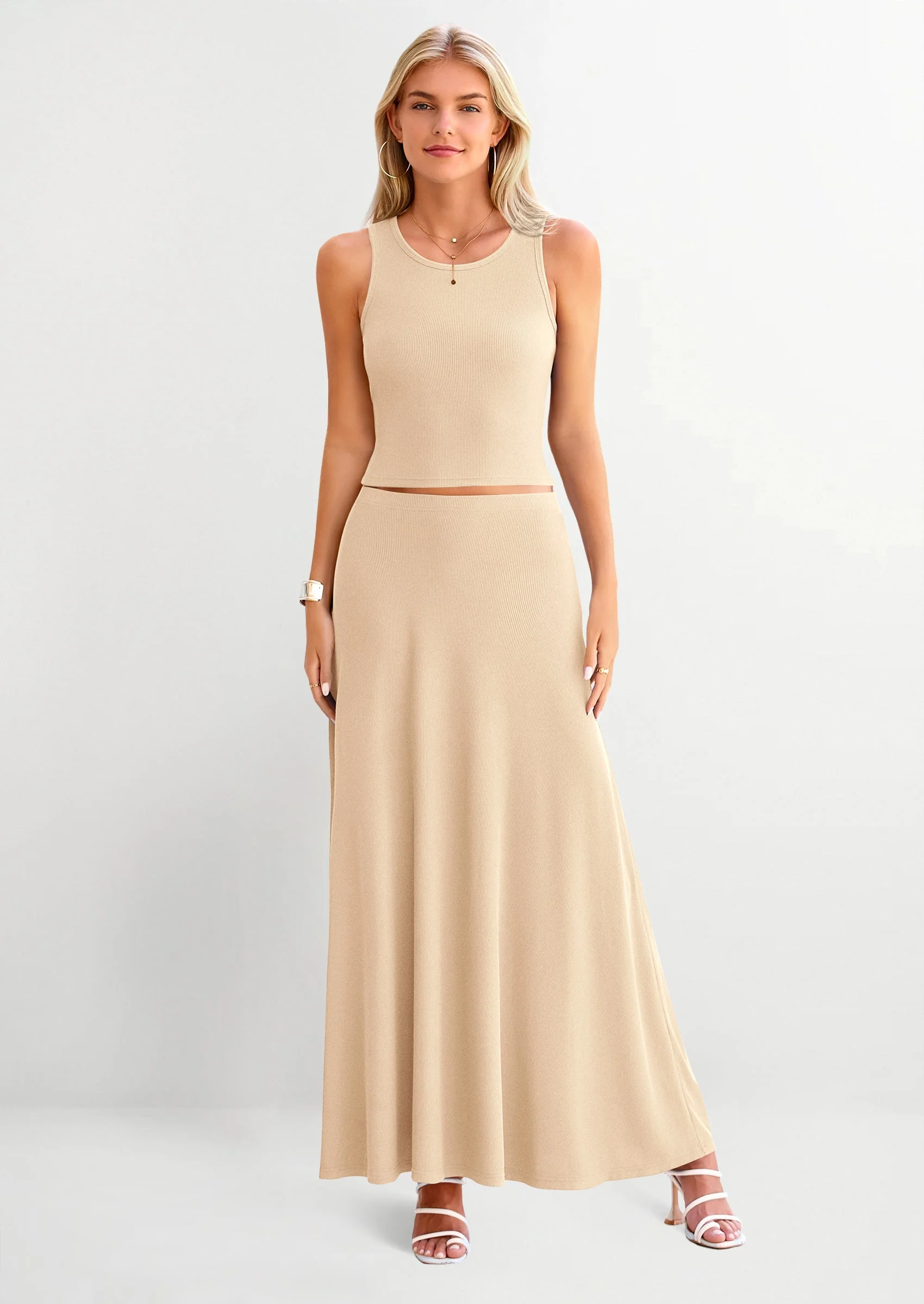 PRETTYGARDEN 2 Piece Maxi Skirt Sets Casual Knit Cropped Tank Top High Waisted Long Skirts Outfit - Image 9