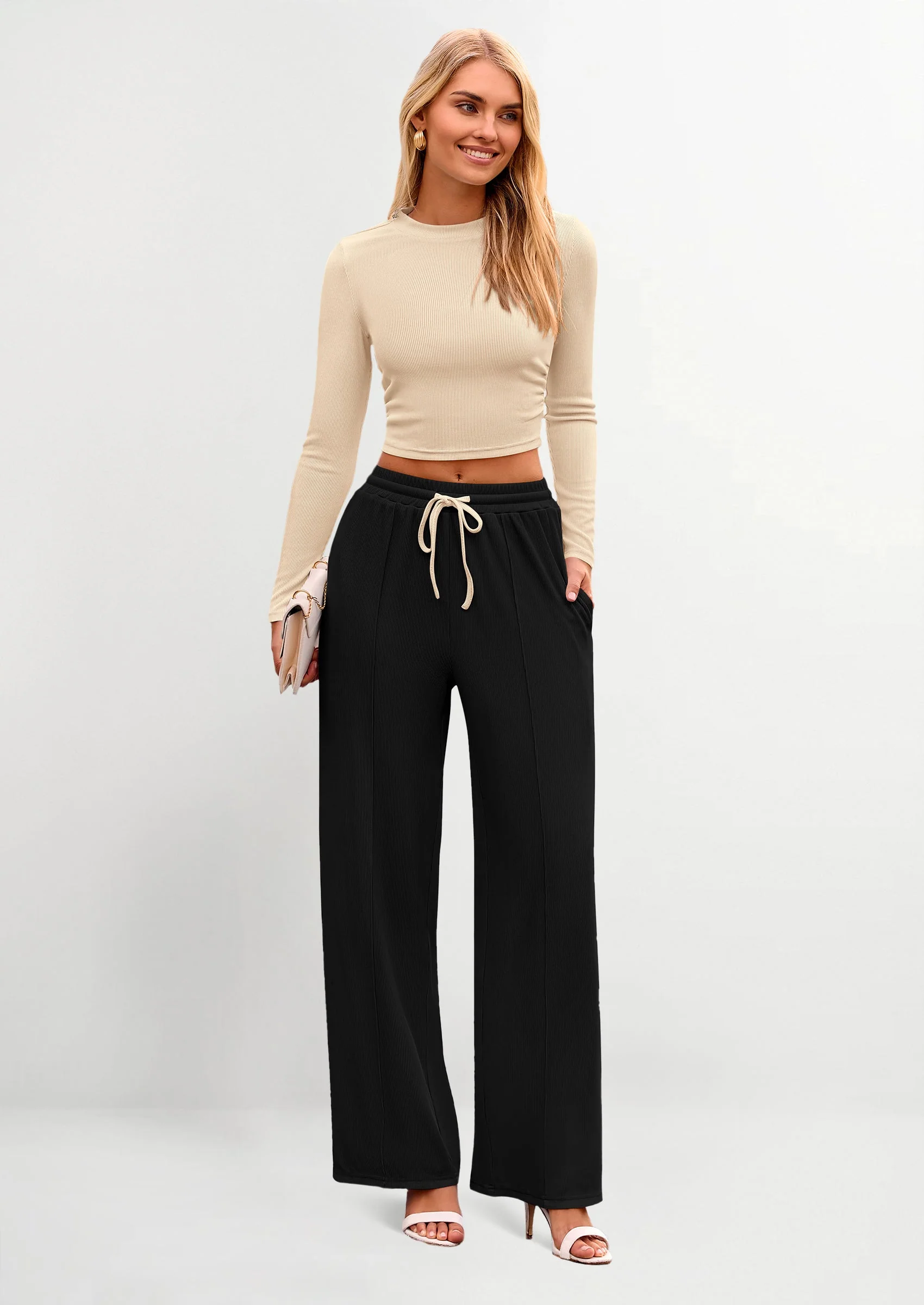 PRETTYGARDEN Women's 2 Piece Loungewear Long Sleeve Crop Top Wide Leg Palazzo Pants Set Tracksuits Casual Outfit - Image 15