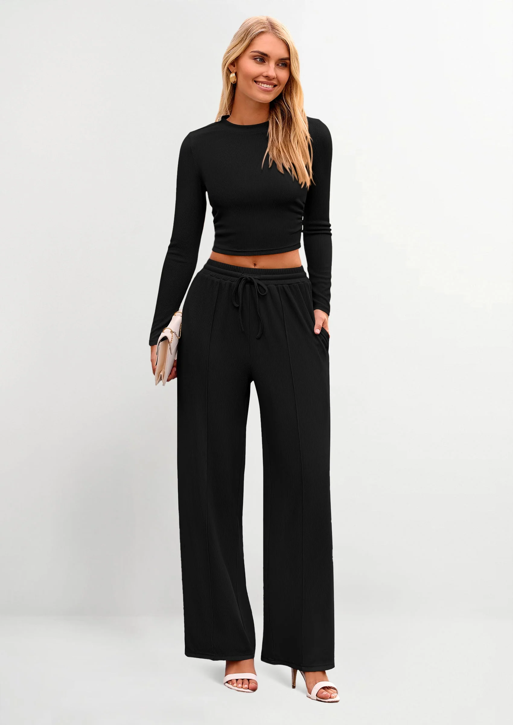 PRETTYGARDEN Women's 2 Piece Loungewear Long Sleeve Crop Top Wide Leg Palazzo Pants Set Tracksuits Casual Outfit - Image 22