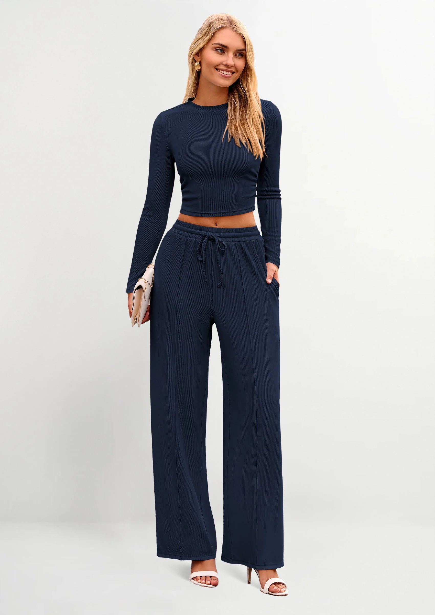 PRETTYGARDEN Women's 2 Piece Loungewear Long Sleeve Crop Top Wide Leg Palazzo Pants Set Tracksuits Casual Outfit - Image 28