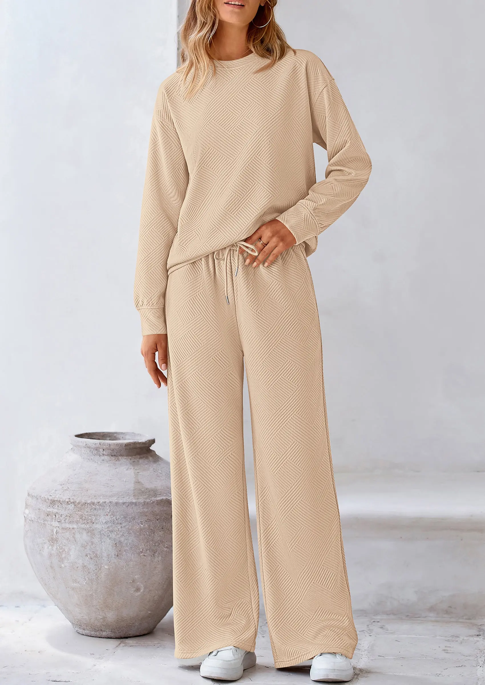 PRETTYGARDEN 2 Piece Long Sleeve Pullover Tops and Wide Leg Pants Knitted Lounge Sets - Image 11