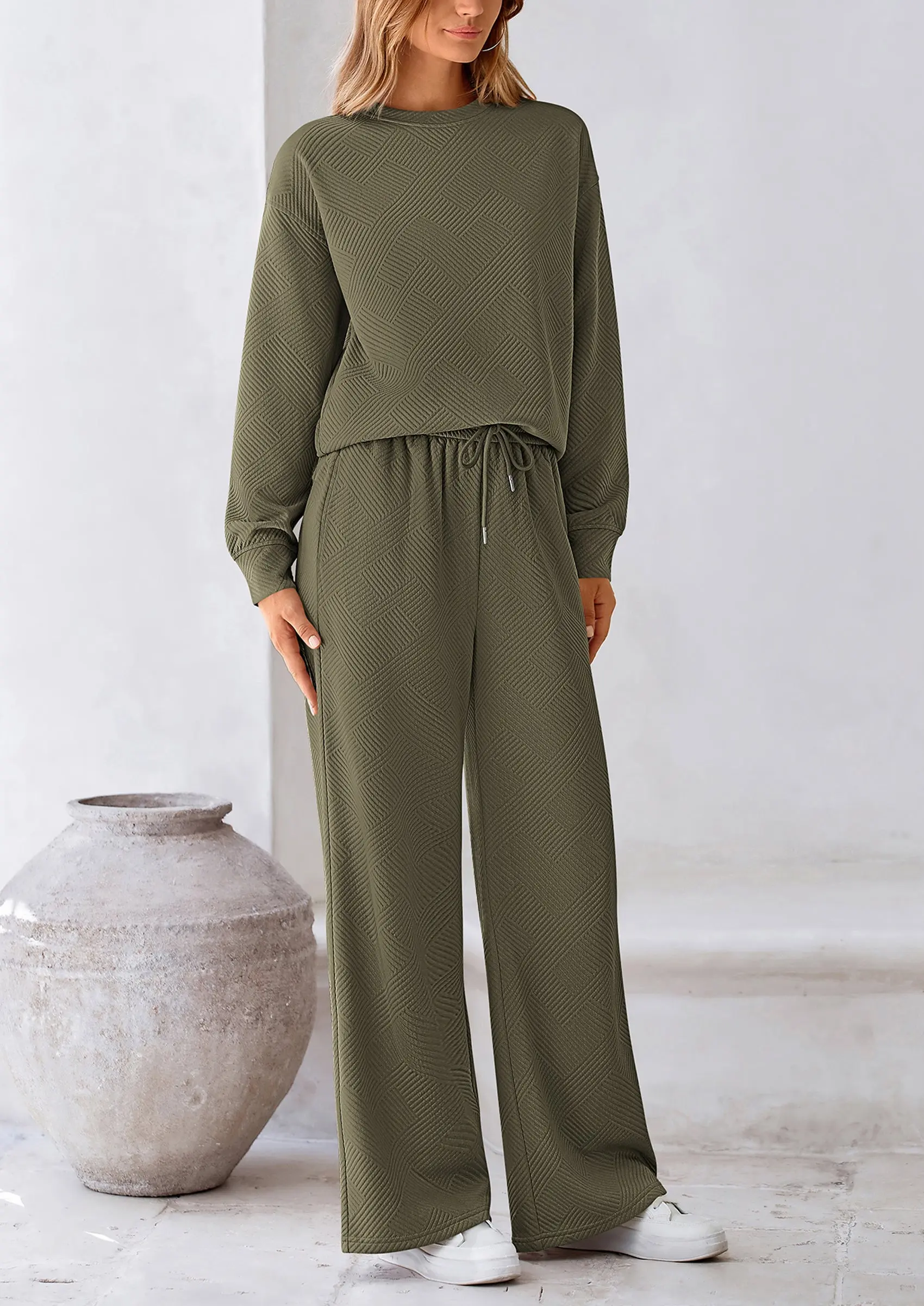 PRETTYGARDEN 2 Piece Long Sleeve Pullover Tops and Wide Leg Pants Knitted Lounge Sets - Image 18