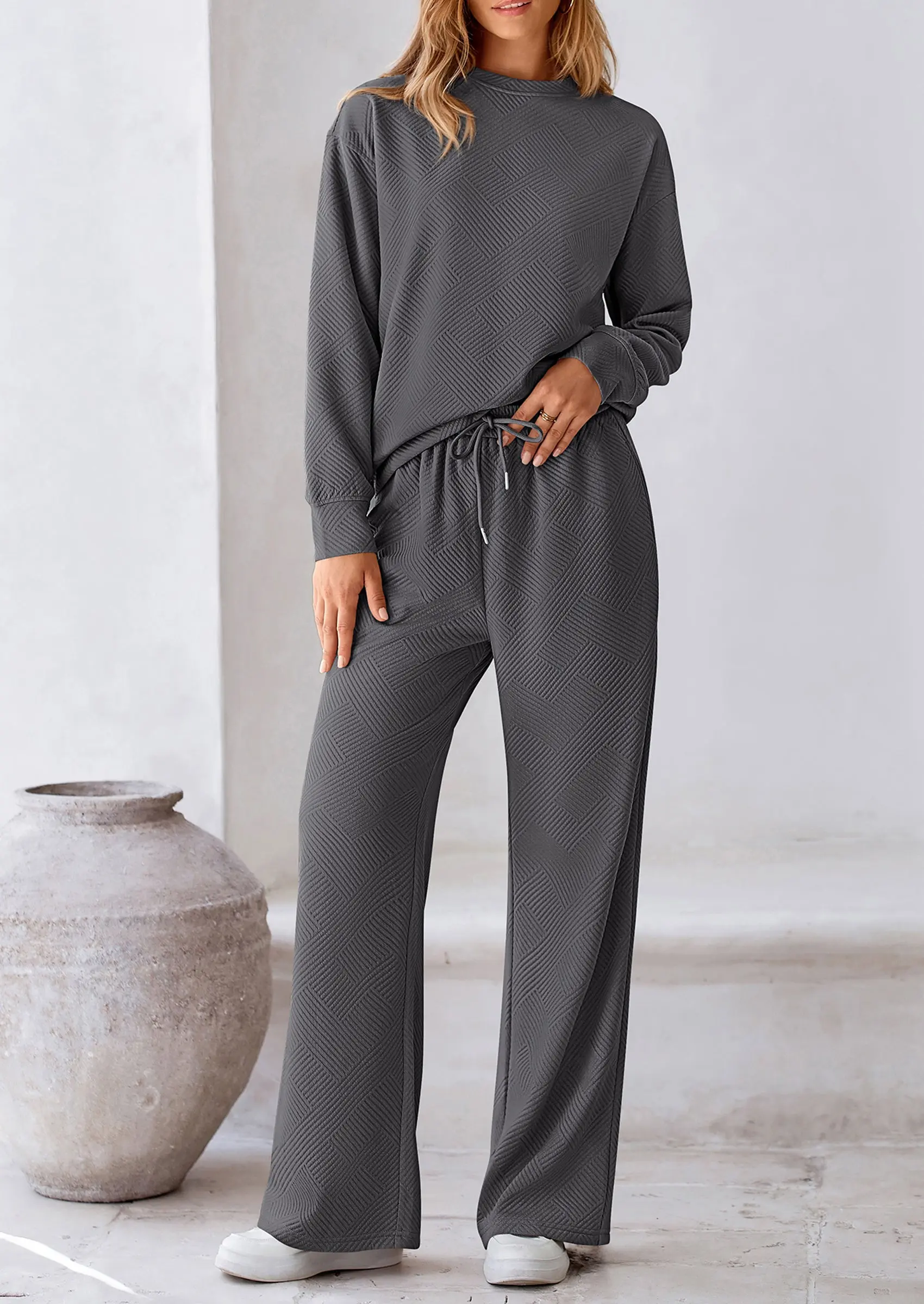 PRETTYGARDEN 2 Piece Long Sleeve Pullover Tops and Wide Leg Pants Knitted Lounge Sets - Image 28