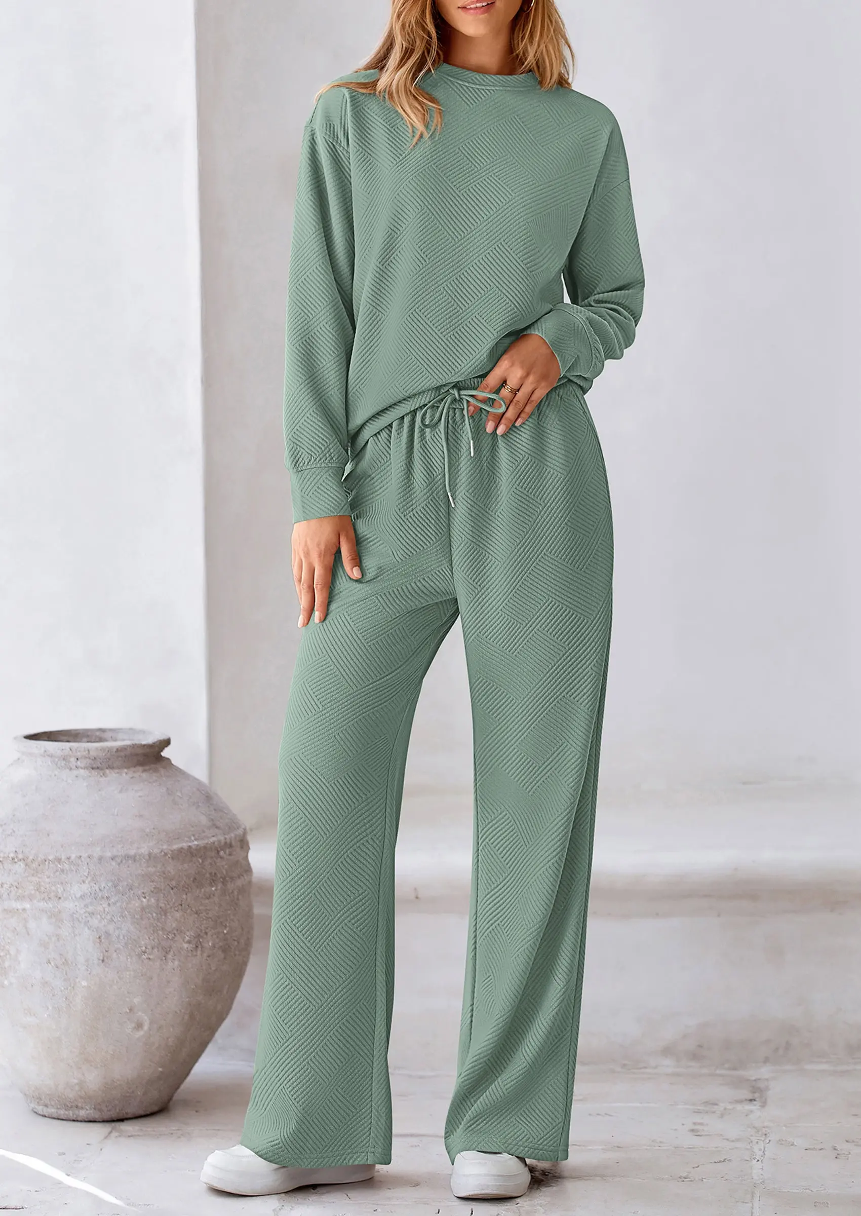 PRETTYGARDEN 2 Piece Long Sleeve Pullover Tops and Wide Leg Pants Knitted Lounge Sets - Image 3