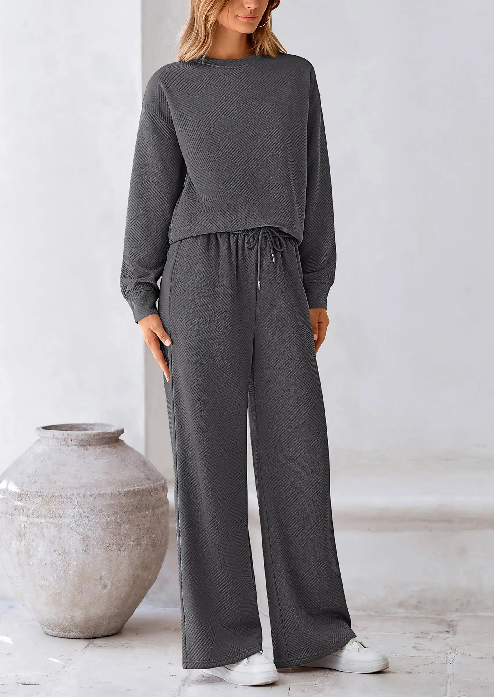 PRETTYGARDEN 2 Piece Long Sleeve Pullover Tops and Wide Leg Pants Knitted Lounge Sets - Image 31