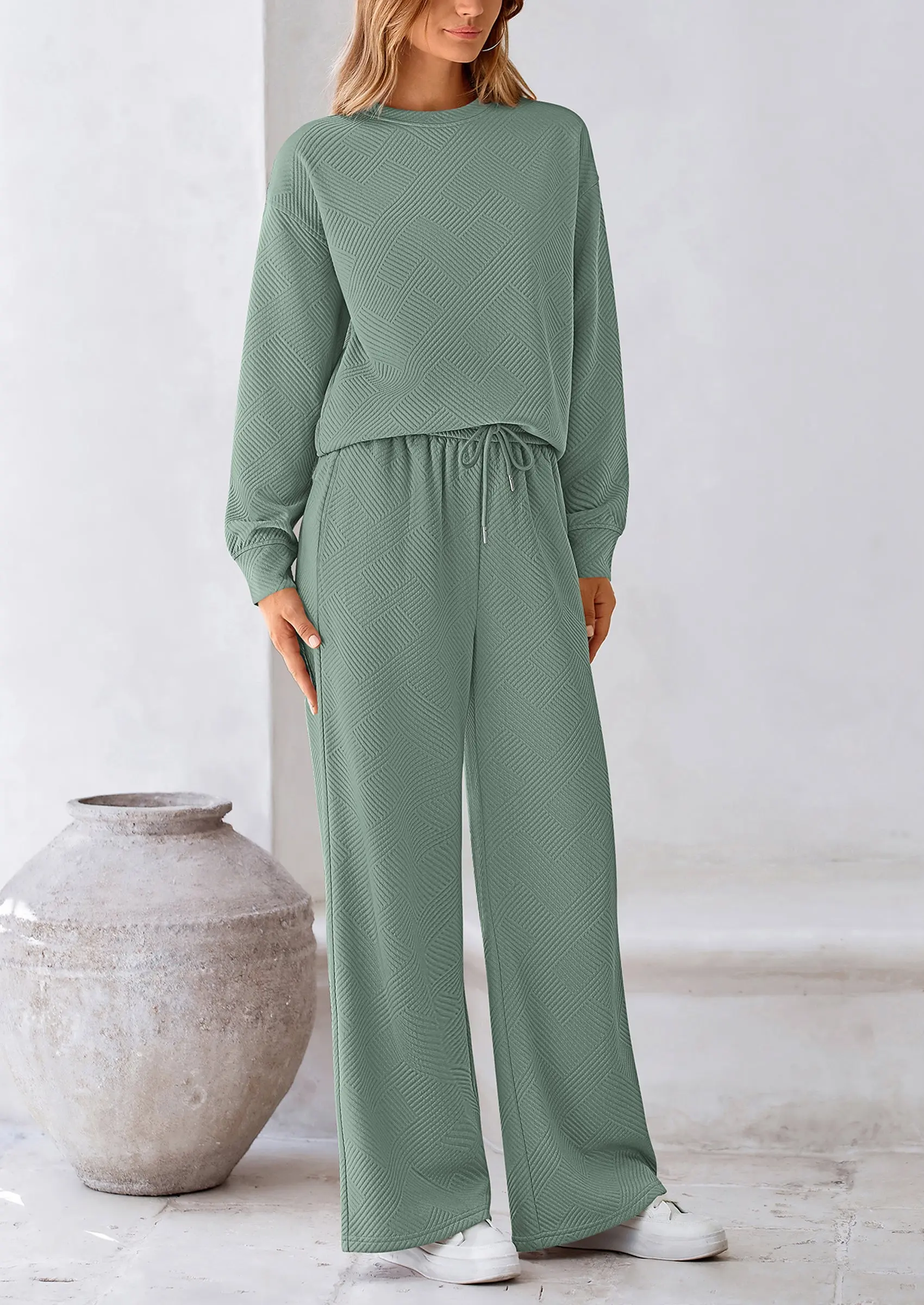 PRETTYGARDEN 2 Piece Long Sleeve Pullover Tops and Wide Leg Pants Knitted Lounge Sets - Image 4