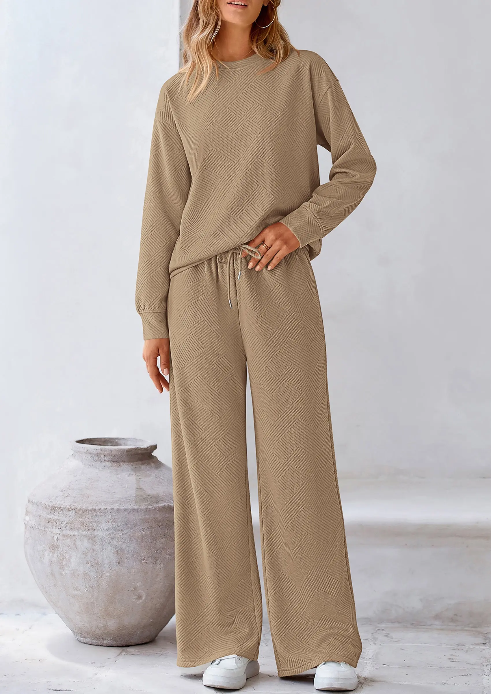PRETTYGARDEN 2 Piece Long Sleeve Pullover Tops and Wide Leg Pants Knitted Lounge Sets - Image 41