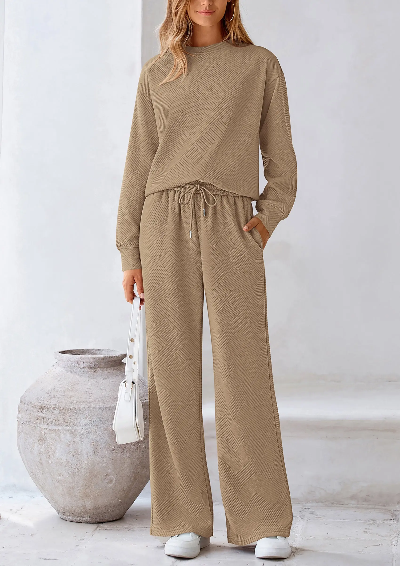PRETTYGARDEN 2 Piece Long Sleeve Pullover Tops and Wide Leg Pants Knitted Lounge Sets - Image 42