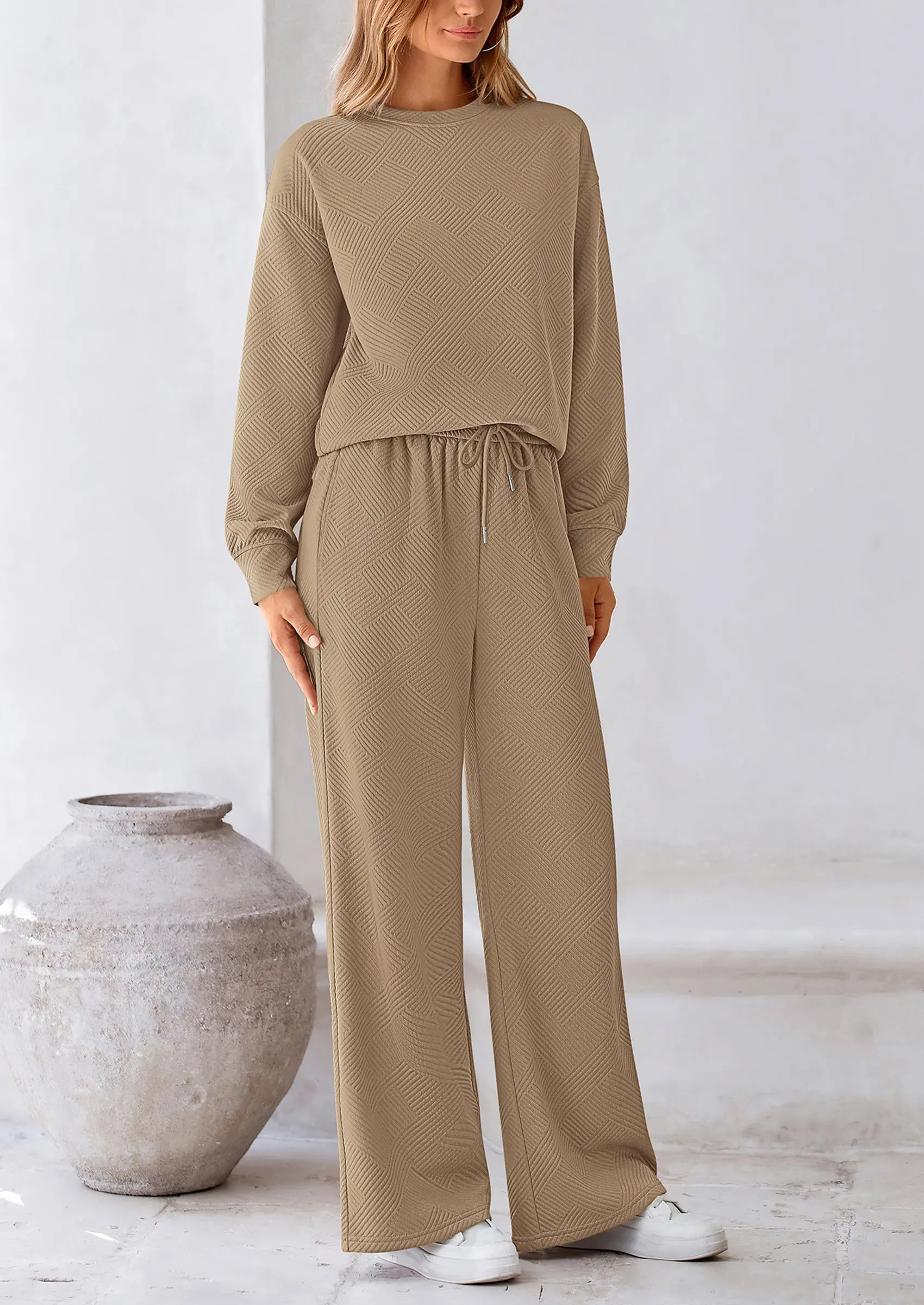 PRETTYGARDEN 2 Piece Long Sleeve Pullover Tops and Wide Leg Pants Knitted Lounge Sets - Image 43