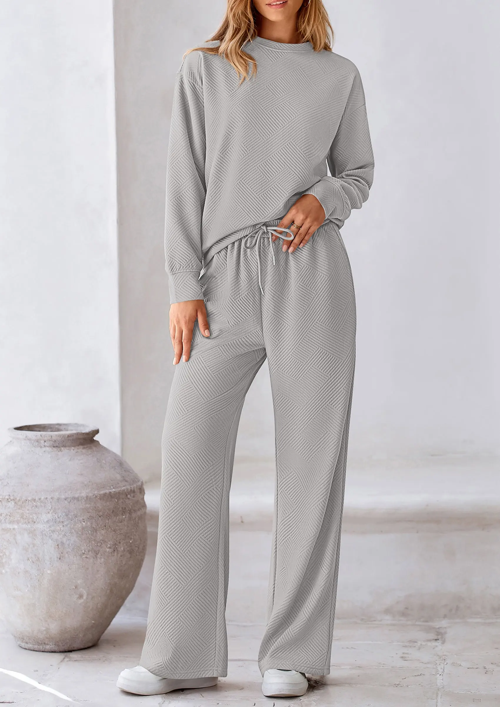 PRETTYGARDEN 2 Piece Long Sleeve Pullover Tops and Wide Leg Pants Knitted Lounge Sets - Image 46