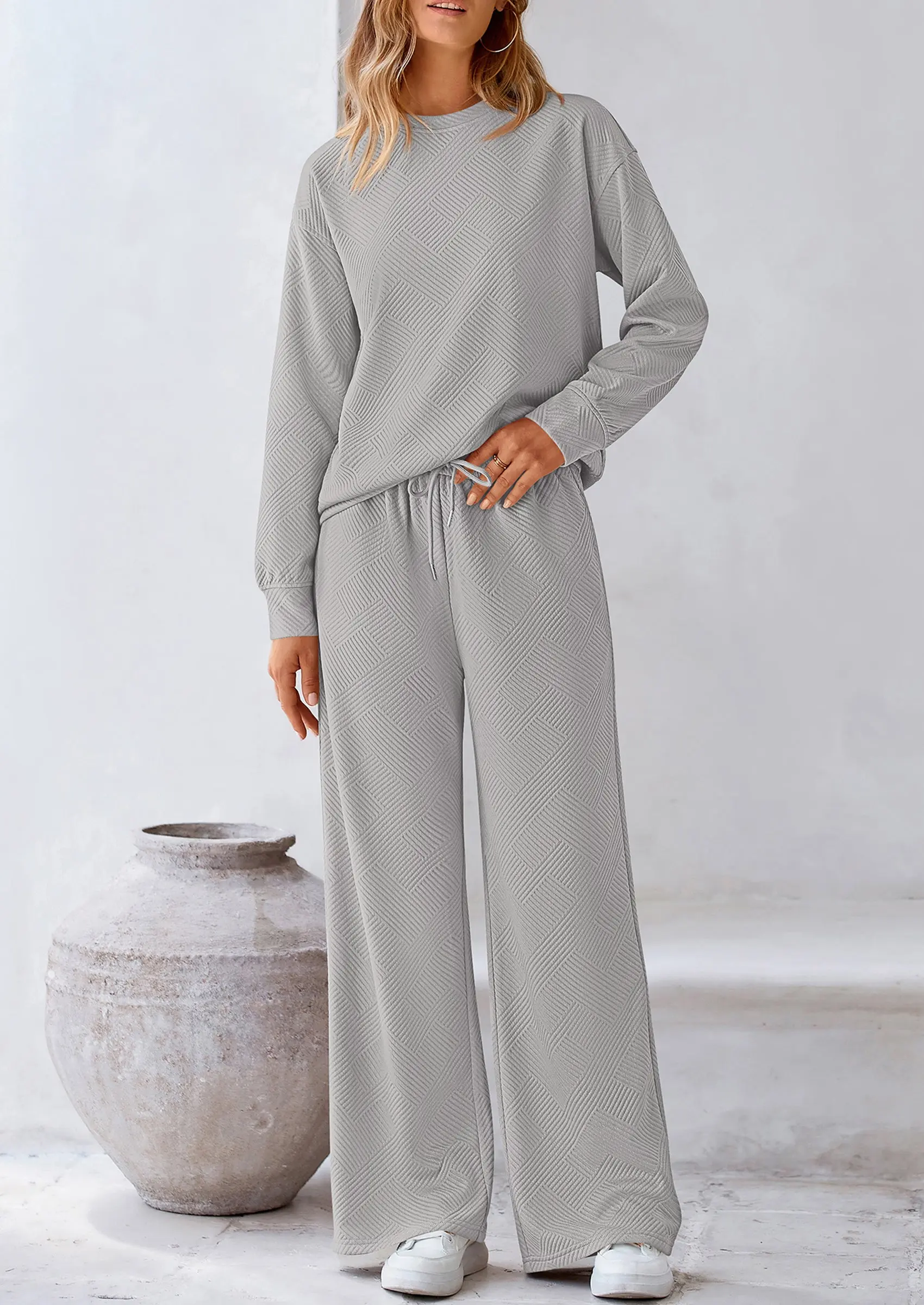 PRETTYGARDEN 2 Piece Long Sleeve Pullover Tops and Wide Leg Pants Knitted Lounge Sets - Image 47