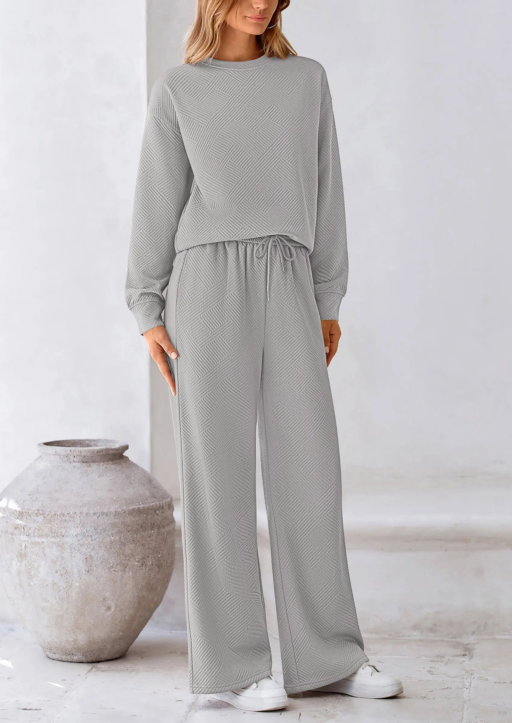 PRETTYGARDEN 2 Piece Long Sleeve Pullover Tops and Wide Leg Pants Knitted Lounge Sets - Image 48