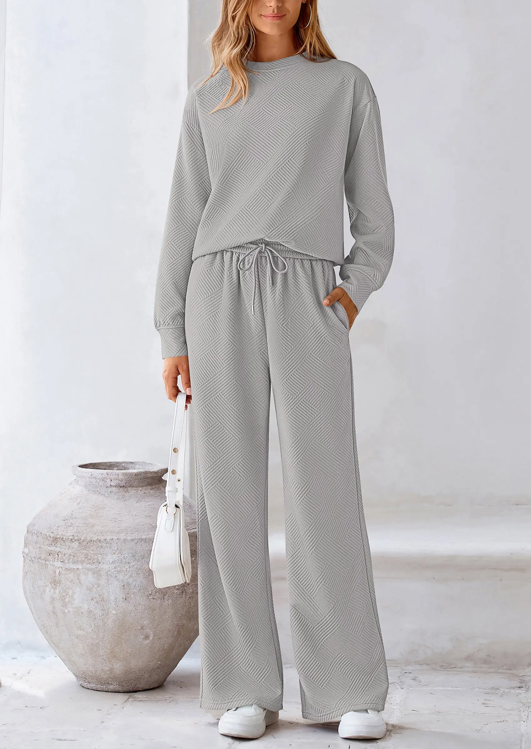 PRETTYGARDEN 2 Piece Long Sleeve Pullover Tops and Wide Leg Pants Knitted Lounge Sets - Image 49
