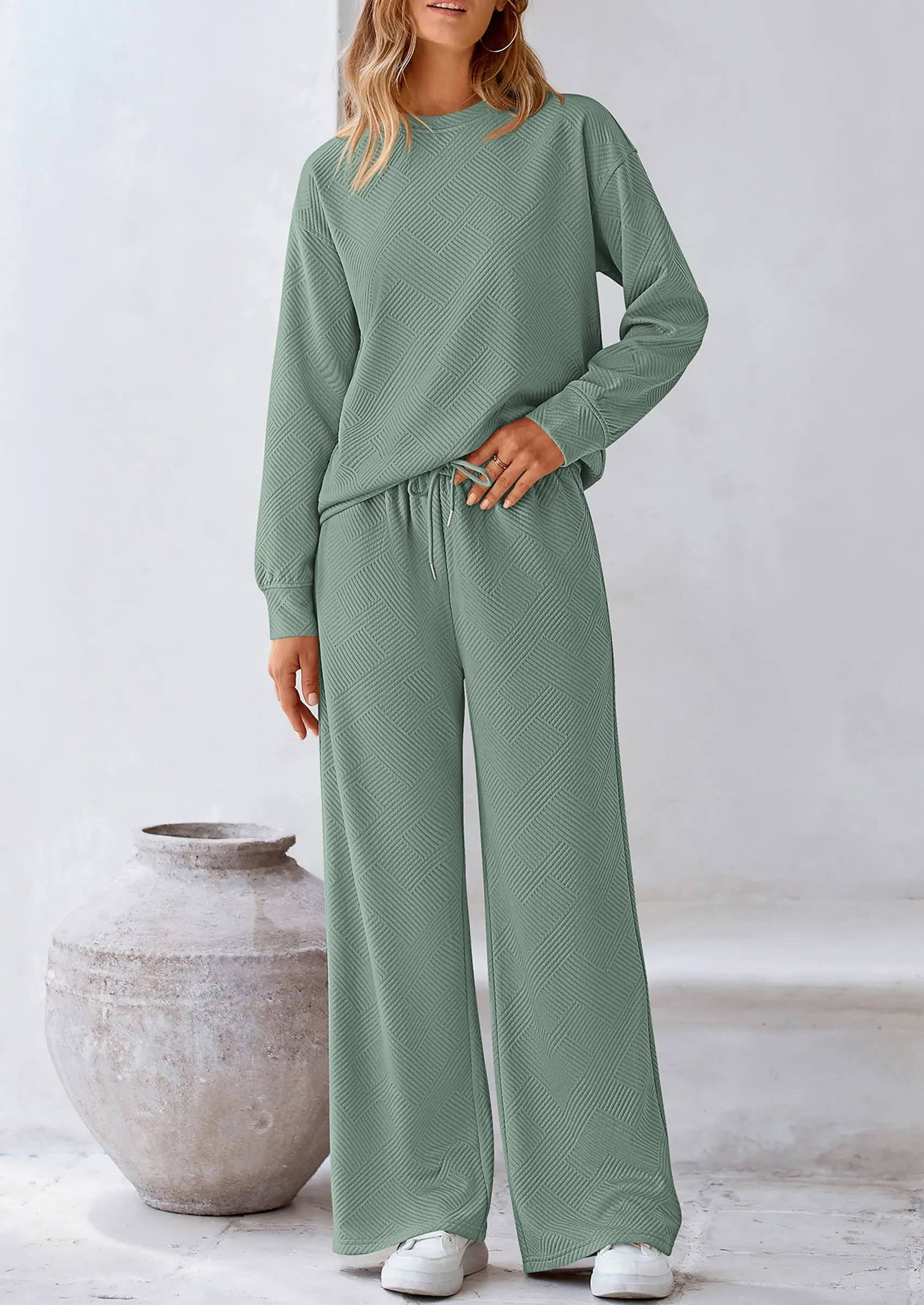PRETTYGARDEN 2 Piece Long Sleeve Pullover Tops and Wide Leg Pants Knitted Lounge Sets - Image 5