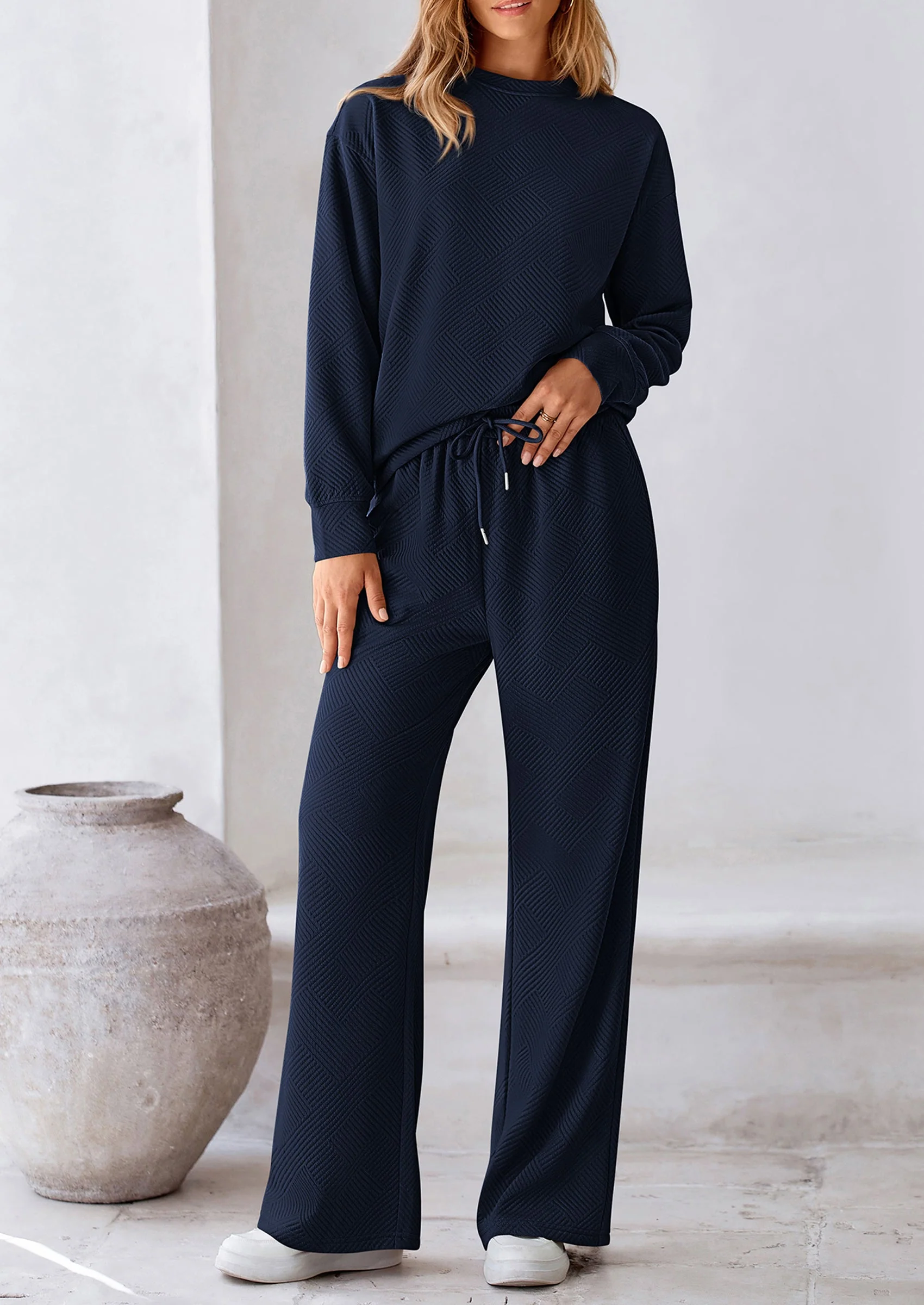 PRETTYGARDEN 2 Piece Long Sleeve Pullover Tops and Wide Leg Pants Knitted Lounge Sets - Image 52
