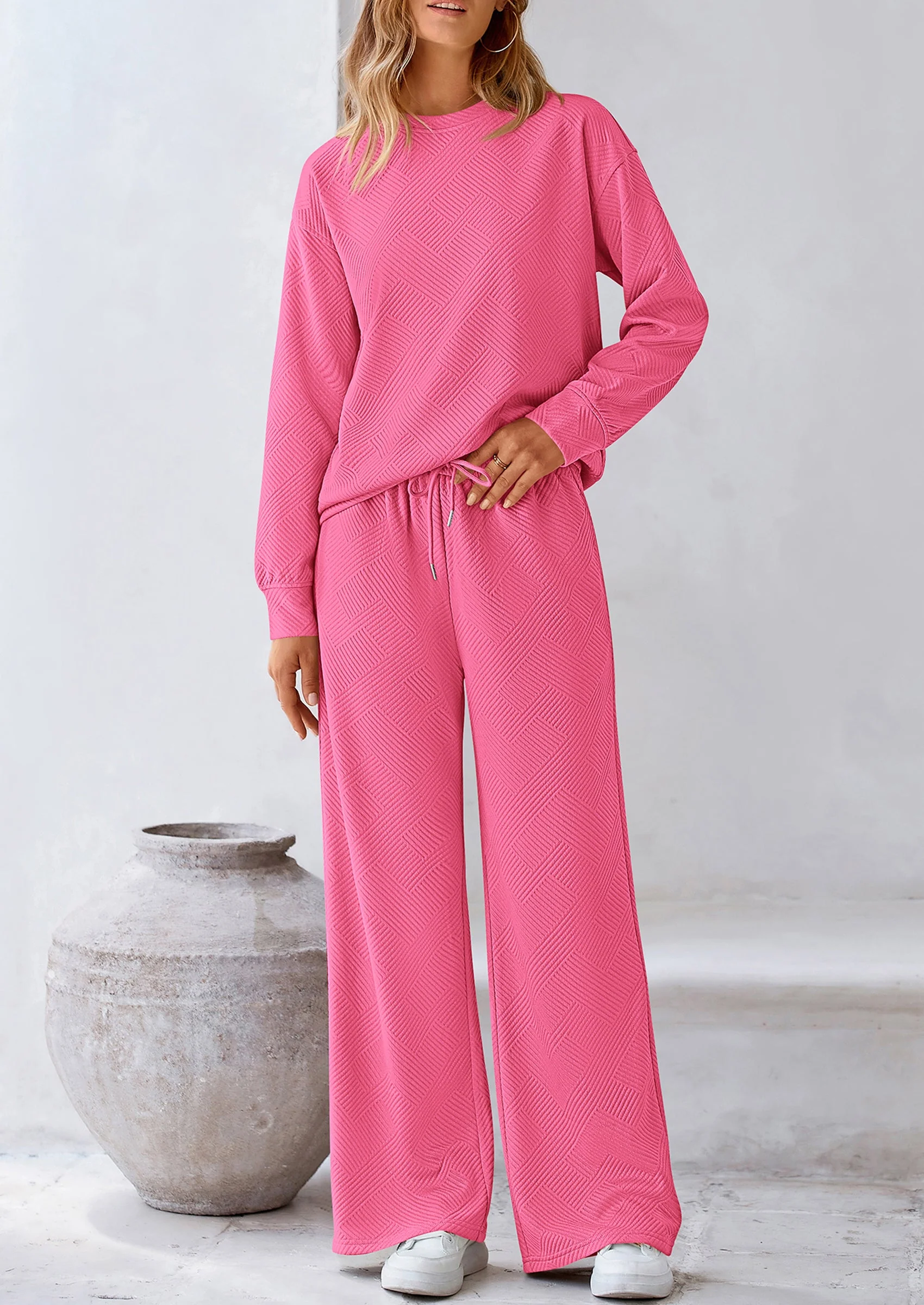 PRETTYGARDEN 2 Piece Long Sleeve Pullover Tops and Wide Leg Pants Knitted Lounge Sets - Image 59