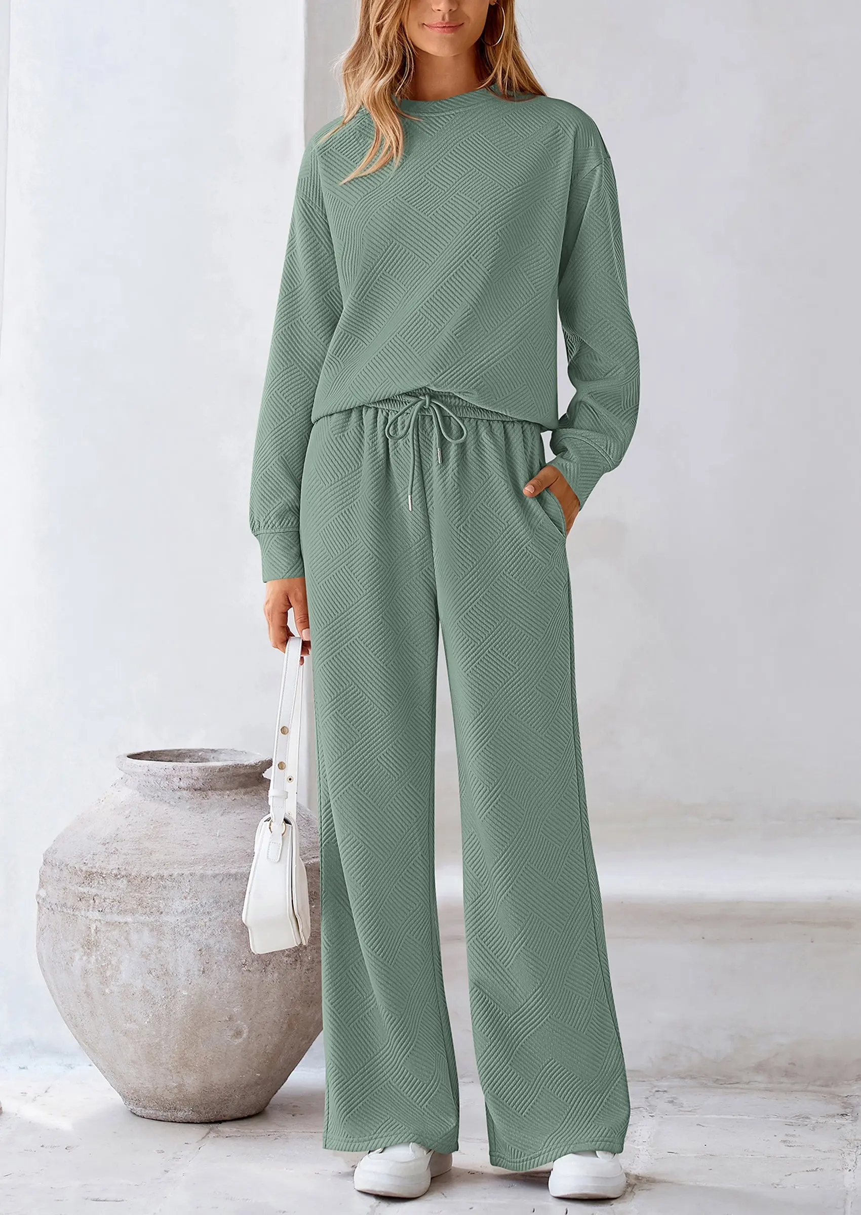 PRETTYGARDEN 2 Piece Long Sleeve Pullover Tops and Wide Leg Pants Knitted Lounge Sets - Image 6