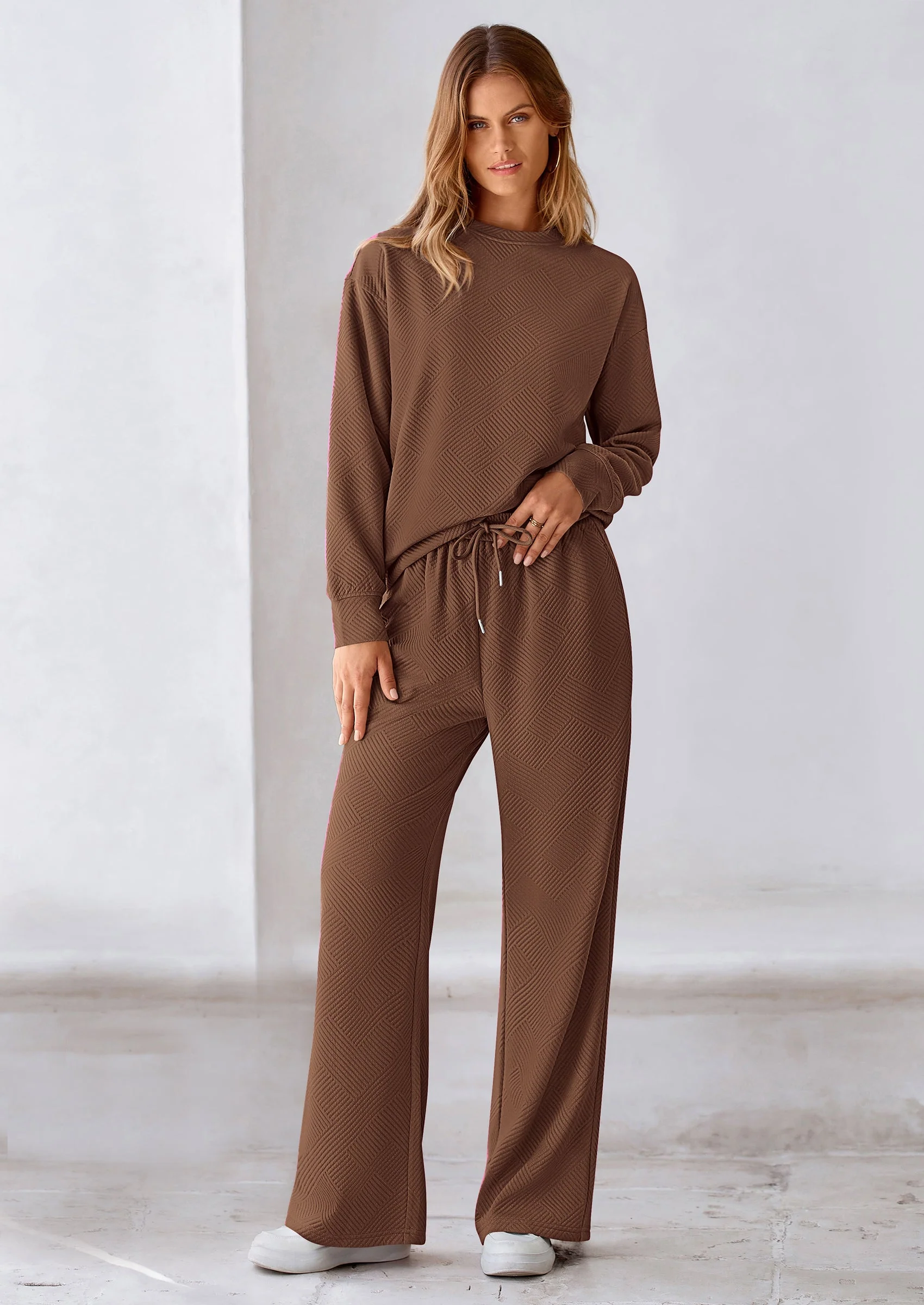 PRETTYGARDEN 2 Piece Long Sleeve Pullover Tops and Wide Leg Pants Knitted Lounge Sets - Image 67