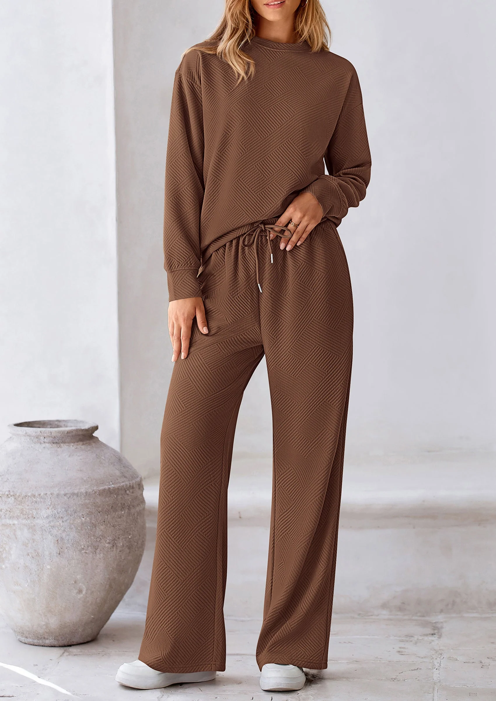 PRETTYGARDEN 2 Piece Long Sleeve Pullover Tops and Wide Leg Pants Knitted Lounge Sets - Image 69
